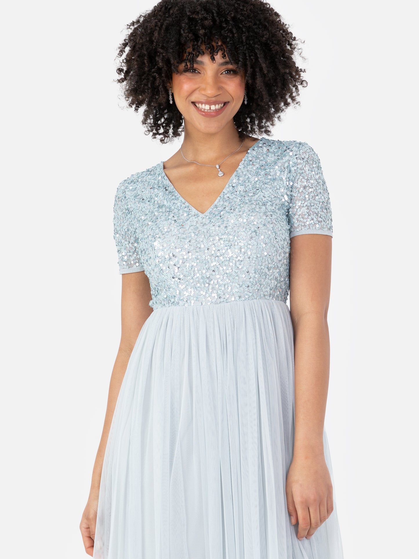 Maya Pale Blue V Neckline Embellished Midi Dress