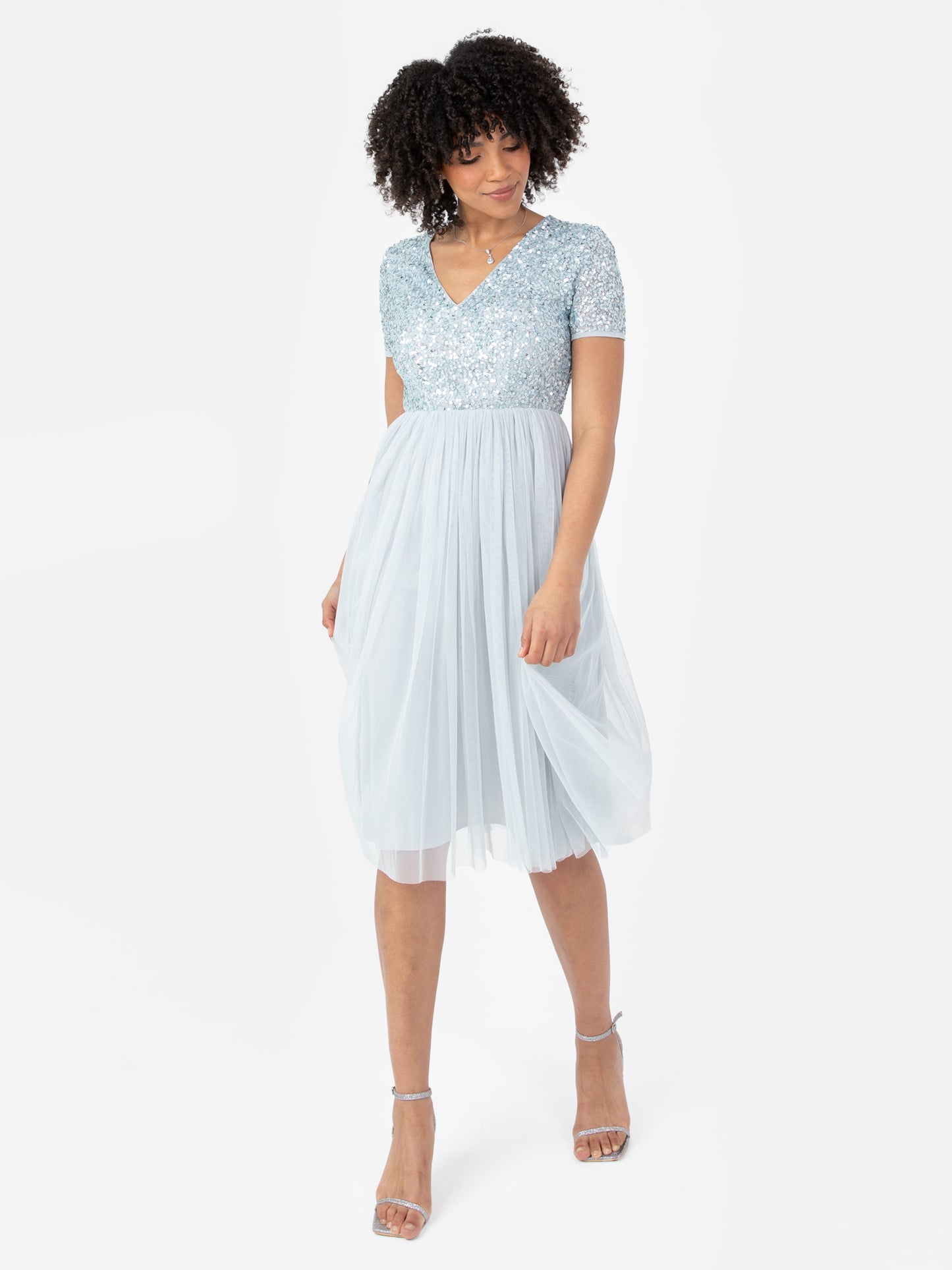 Maya Pale Blue V Neckline Embellished Midi Dress