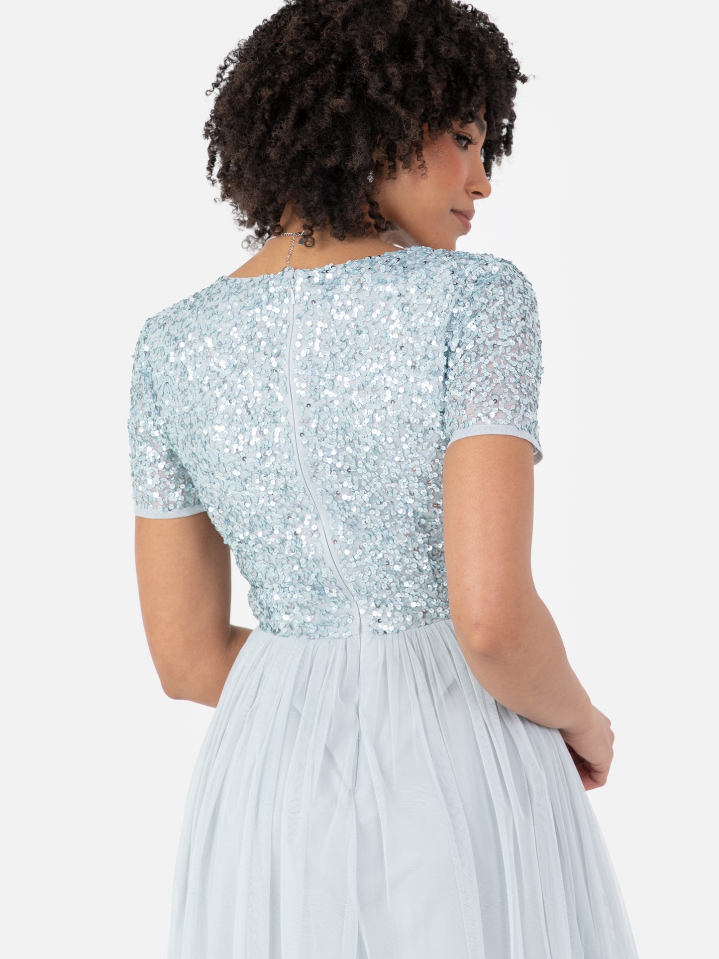 Maya Pale Blue V Neckline Embellished Midi Dress