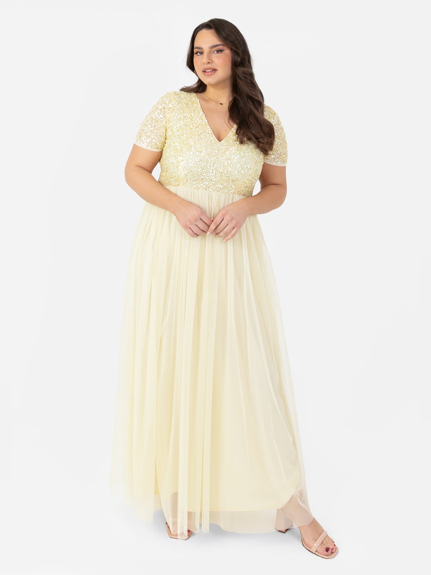 Maya Pale Yellow V Neckline Embellished Maxi Dress