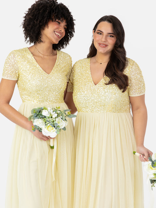 Maya Pale Yellow V Neckline Embellished Maxi Dress