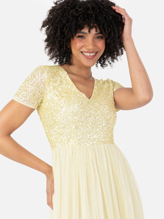 Maya Pale Yellow V Neckline Embellished Midi Dress