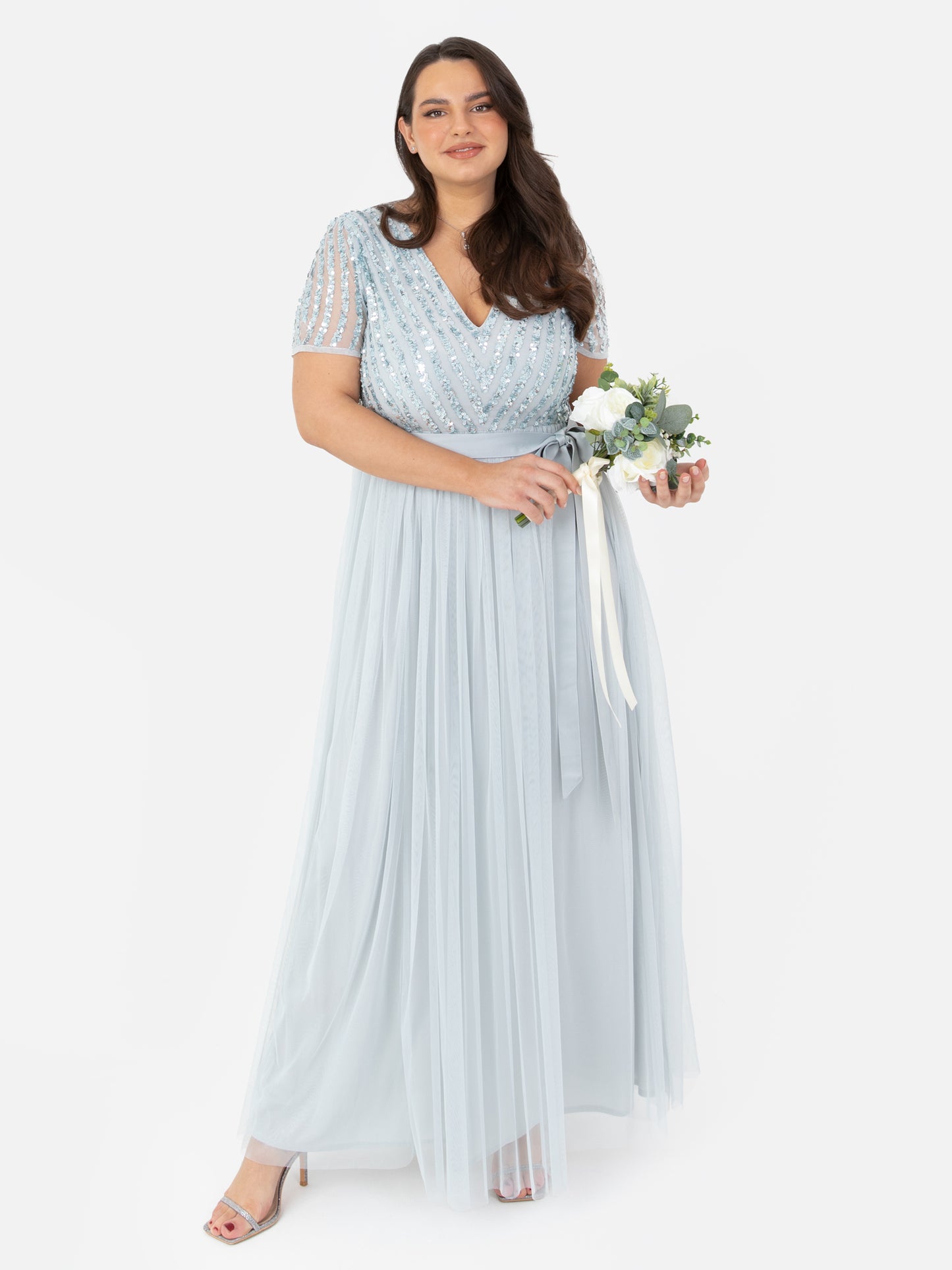 Maya Pale Blue Stripe Embellished Maxi Dress With Sash Belt