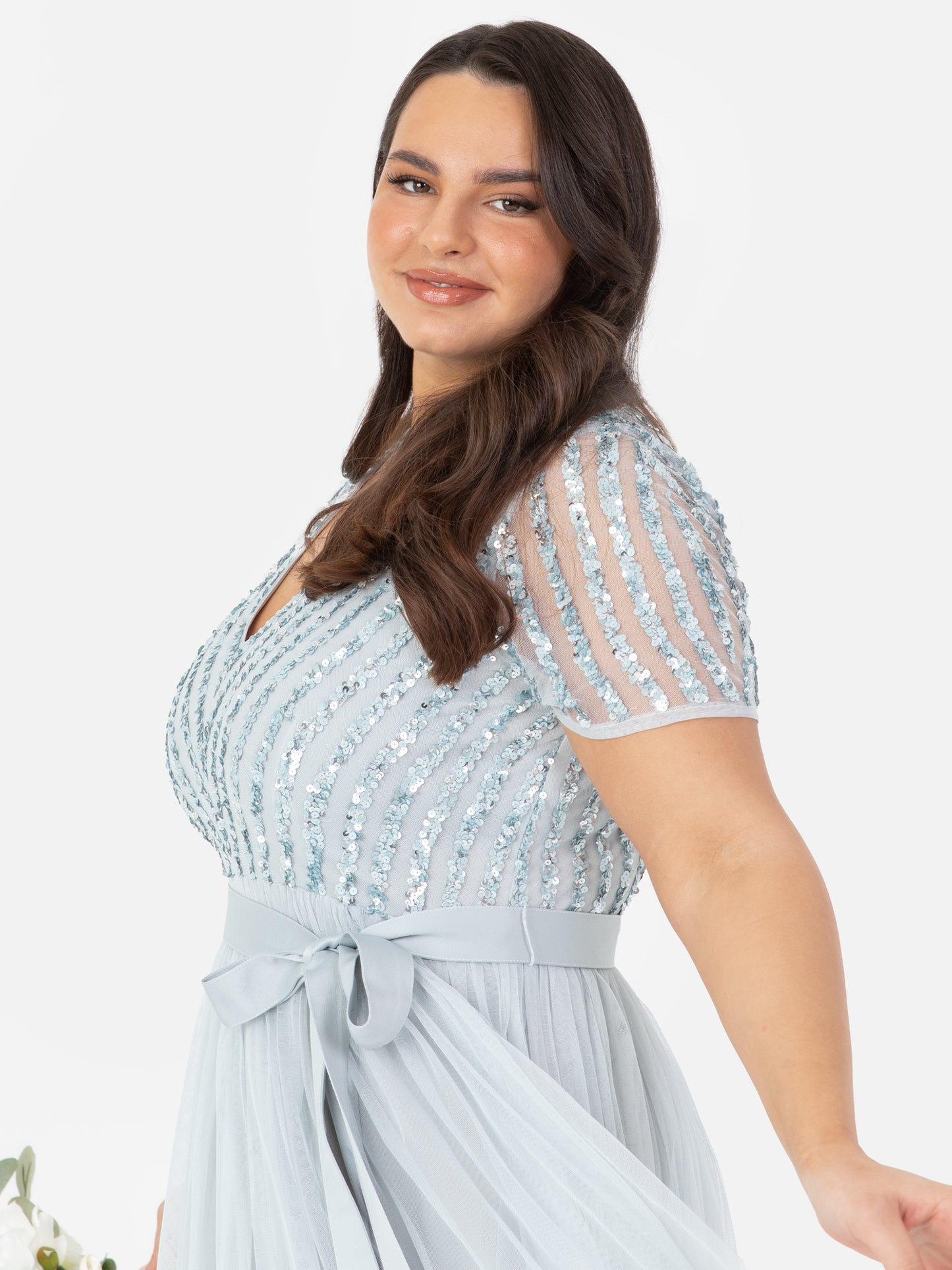 Maya Pale Blue Stripe Embellished Maxi Dress With Sash Belt