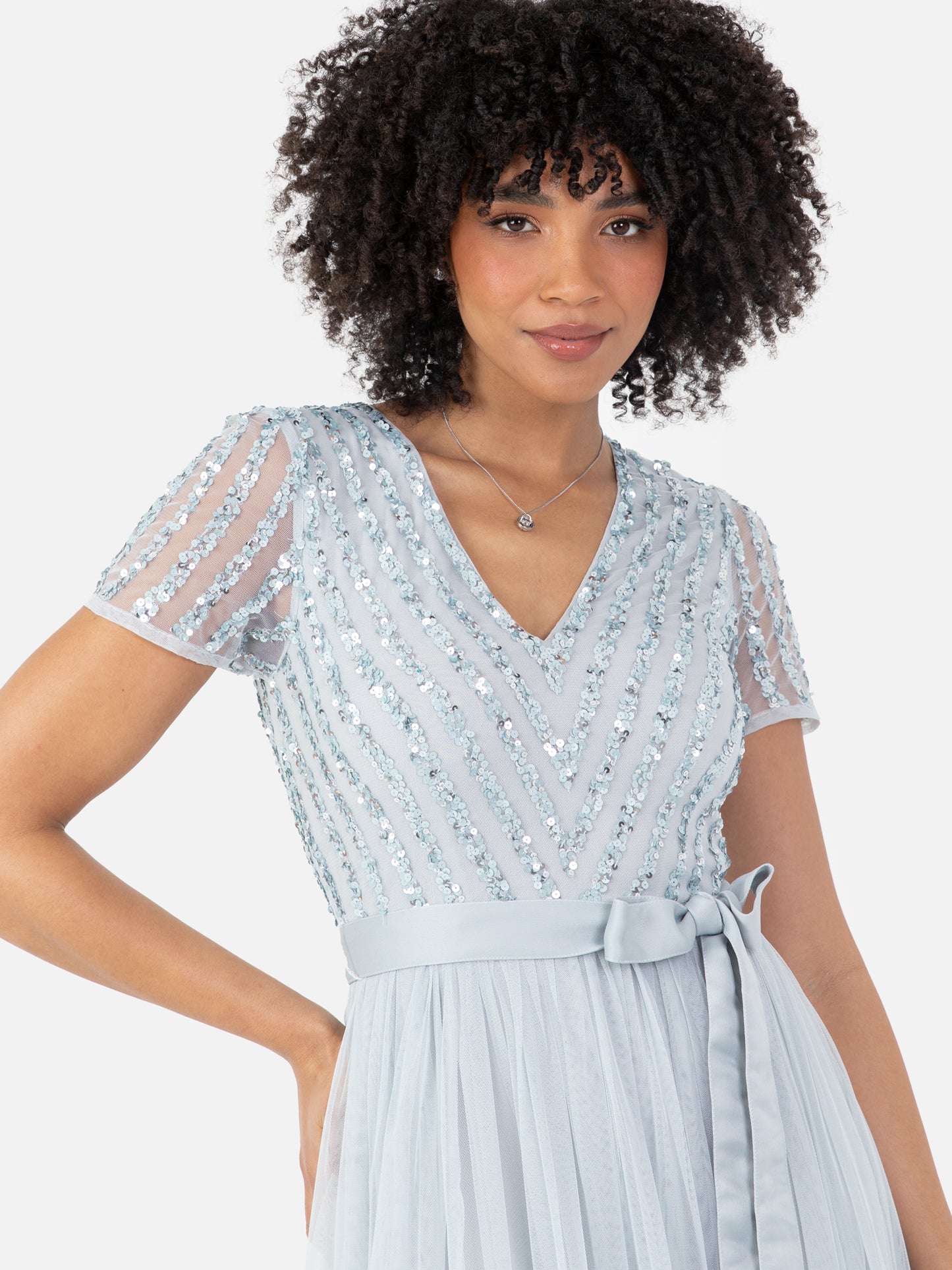 Maya Pale Blue Stripe Embellished Maxi Dress With Sash Belt