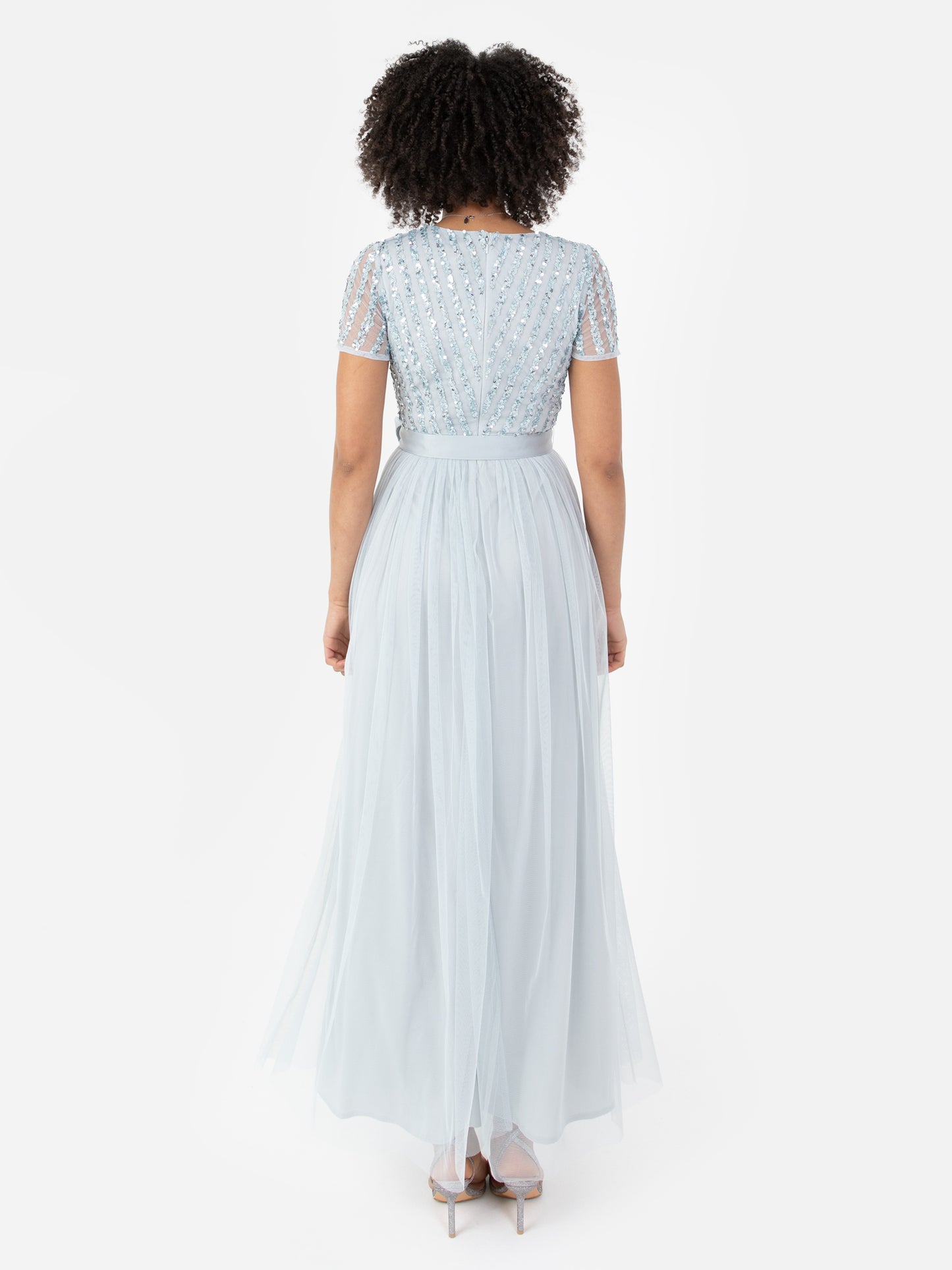 Maya Pale Blue Stripe Embellished Maxi Dress With Sash Belt