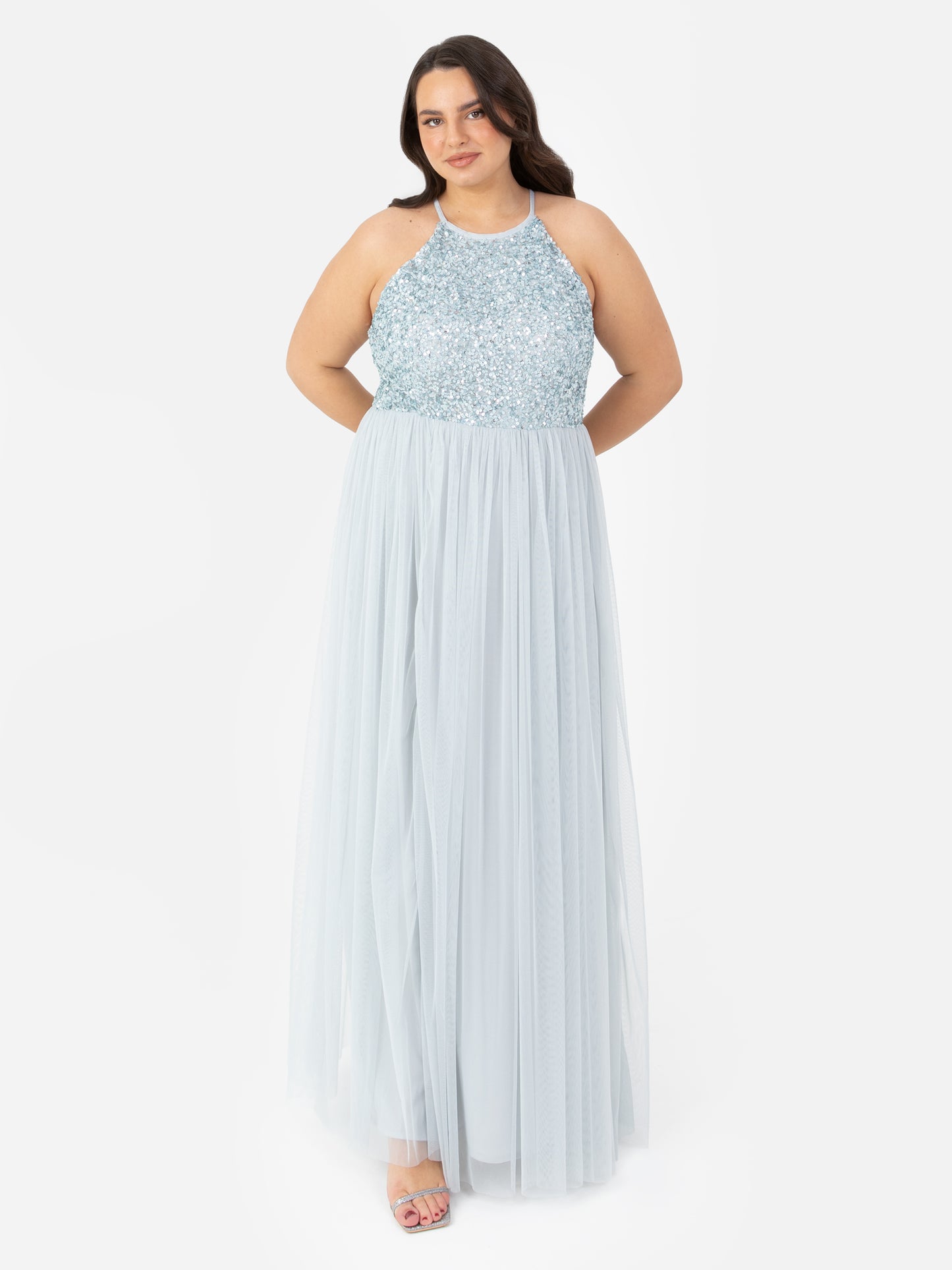 Maya Pale Blue Embellished Halter Neck Maxi Dress