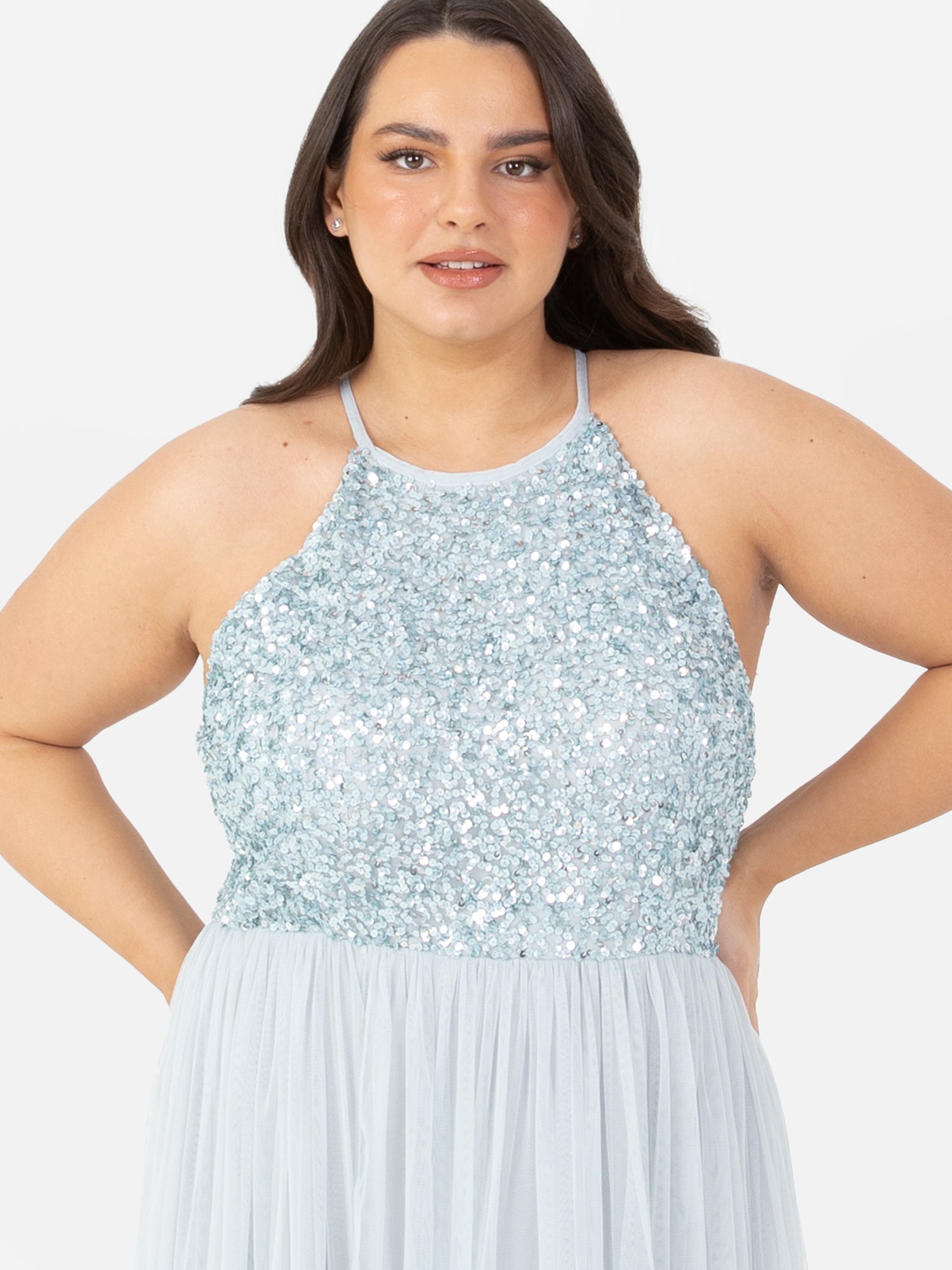 Maya Pale Blue Embellished Halter Neck Maxi Dress Maya Deluxe Maya Pale Blue Embellished Halter Neck Maxi Dress Maya Deluxe