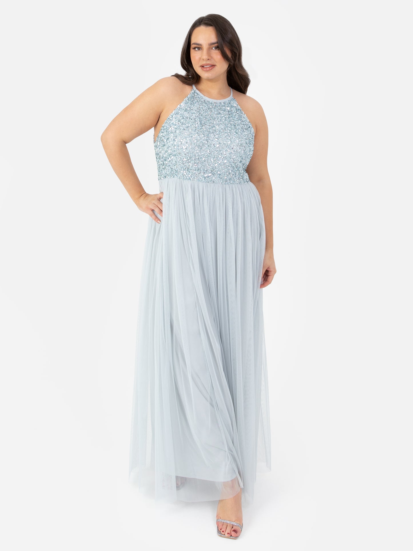 Maya Pale Blue Embellished Halter Neck Maxi Dress