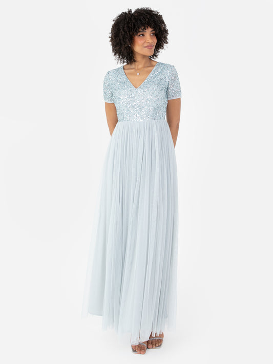Maya Pale Blue V Neckline Embellished Maxi Dress