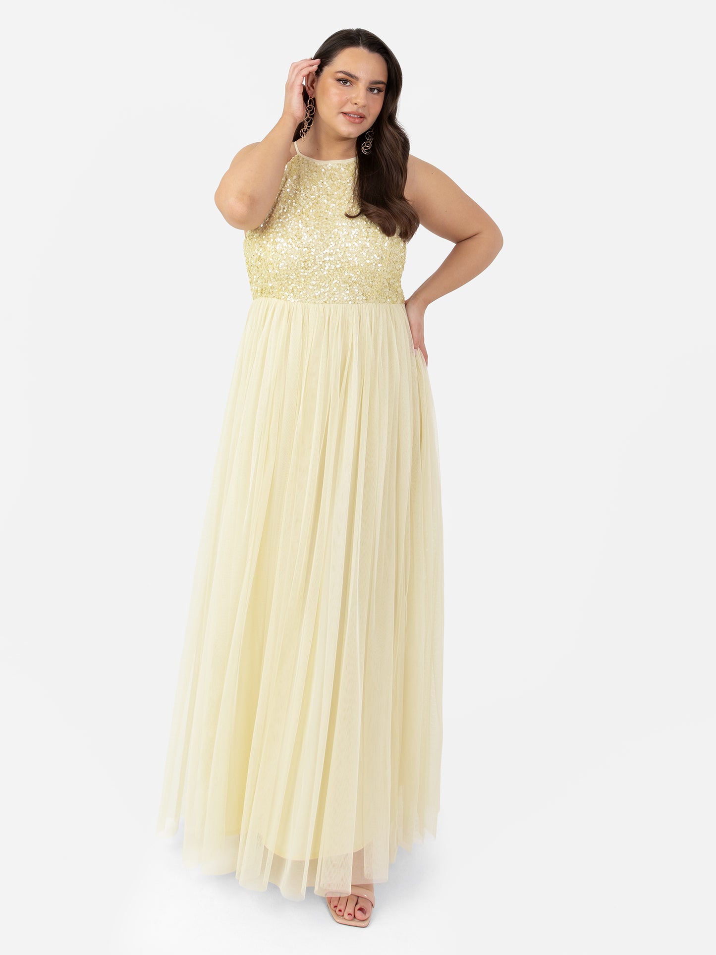 Maya Pale Yellow Embellished Halter Neck Maxi Dress