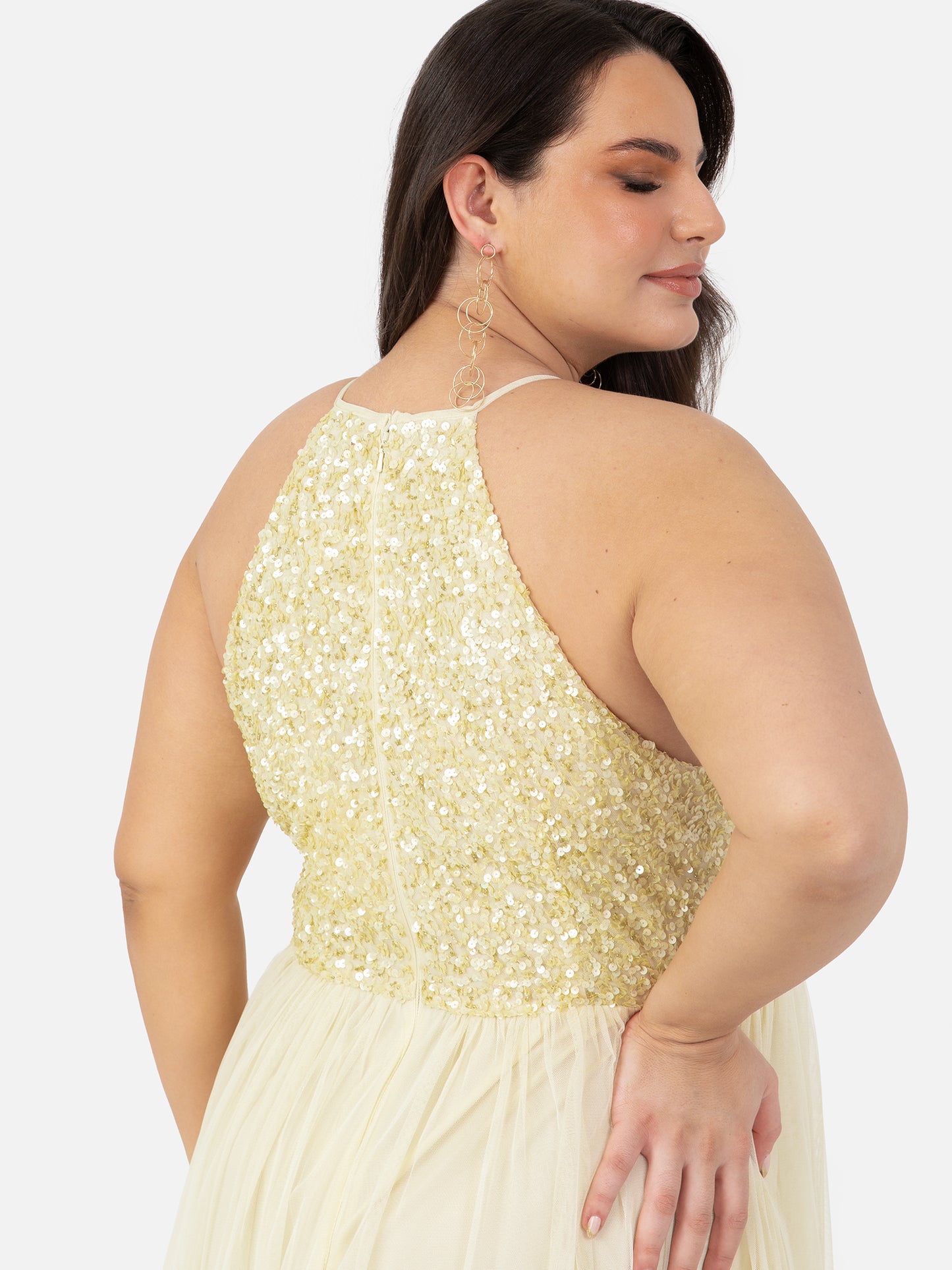 Maya Pale Yellow Embellished Halter Neck Maxi Dress