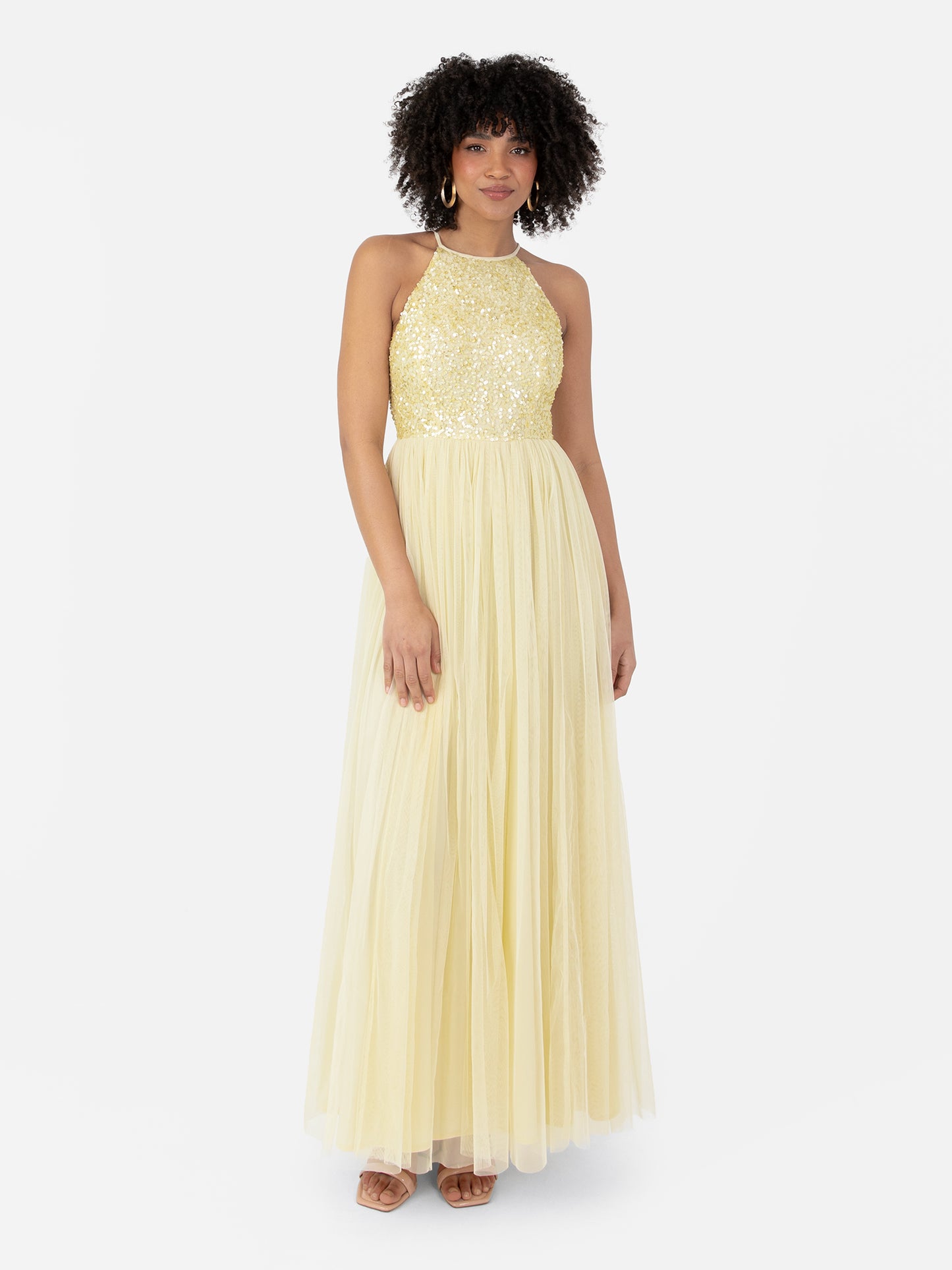 Maya Pale Yellow Embellished Halter Neck Maxi Dress