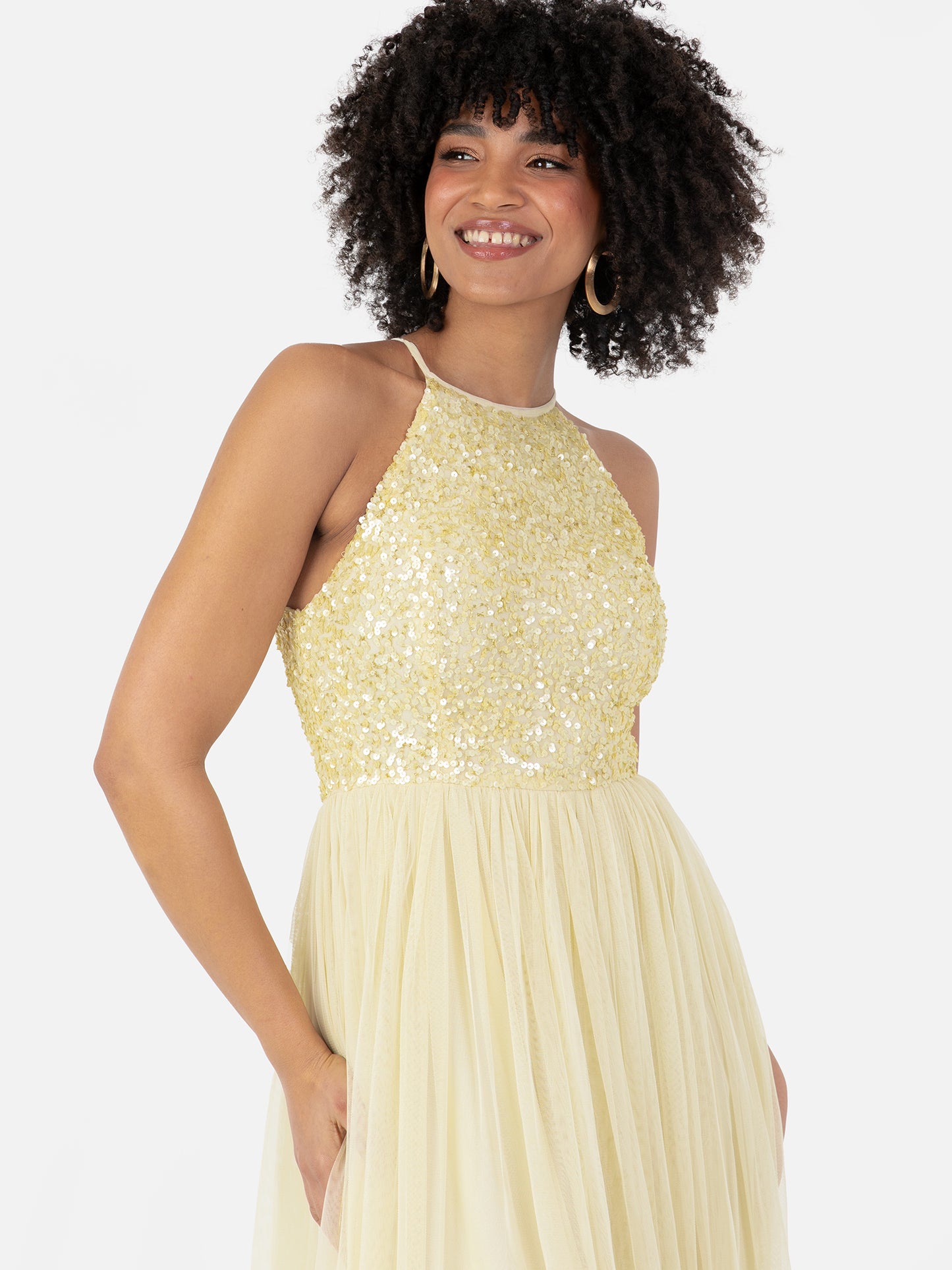 Maya Pale Yellow Embellished Halter Neck Maxi Dress
