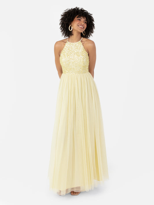 Maya Pale Yellow Embellished Halter Neck Maxi Dress