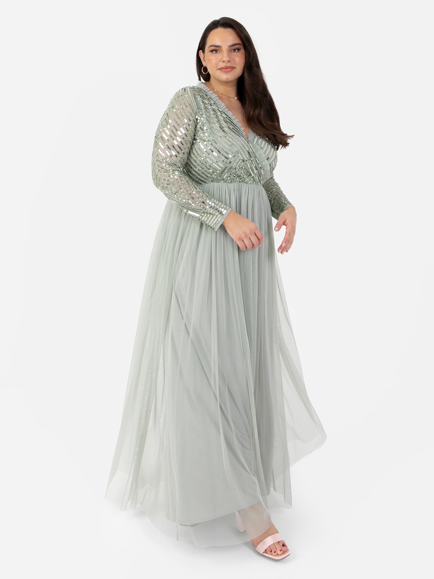 Maya Sage Green Stripe Embellished Faux Wrap Bodice Maxi Dress