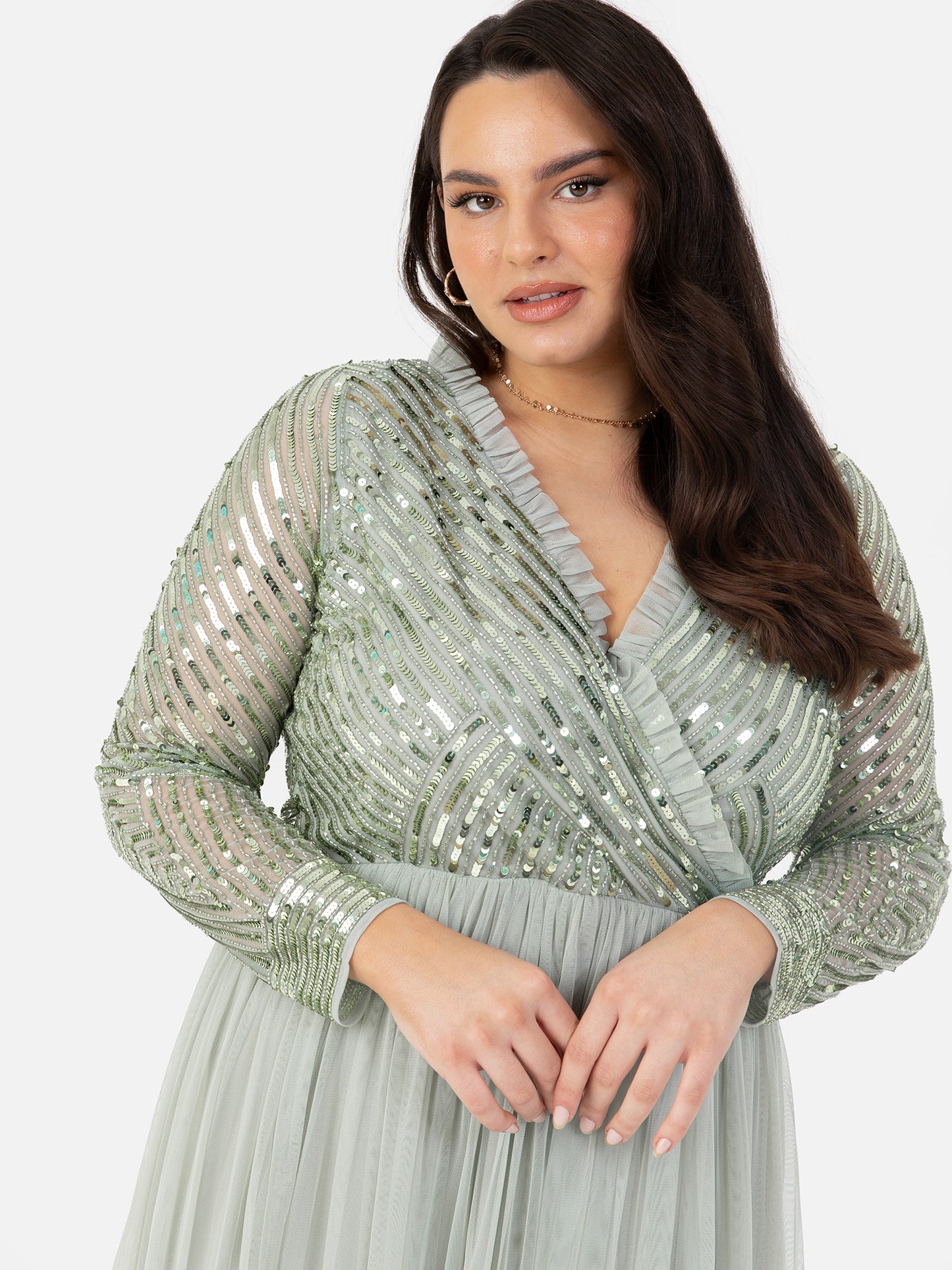 Maya Sage Green Stripe Embellished Faux Wrap Bodice Maxi Dress