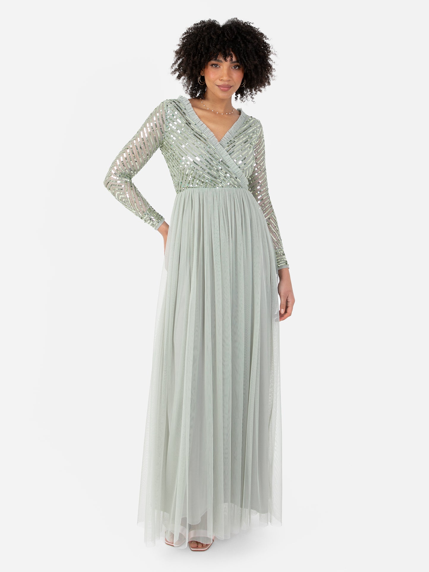 Maya Sage Green Stripe Embellished Faux Wrap Bodice Maxi Dress