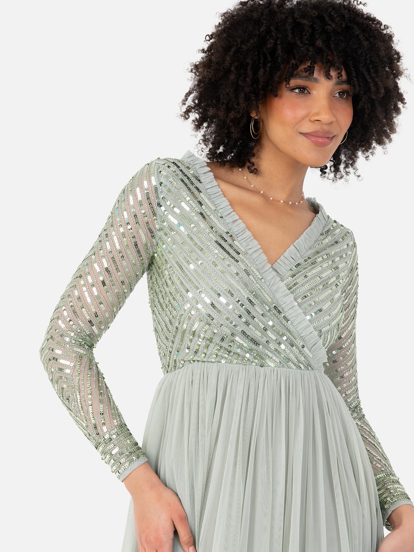 Maya Sage Green Stripe Embellished Faux Wrap Bodice Maxi Dress