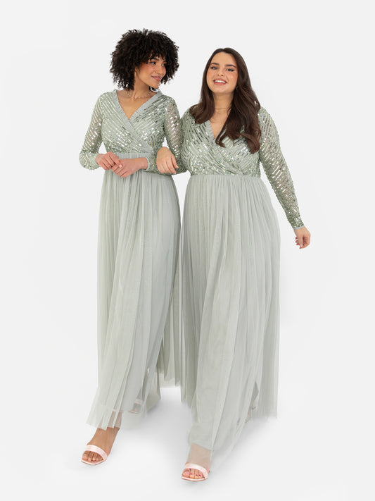 Maya Sage Green Stripe Embellished Faux Wrap Bodice Maxi Dress