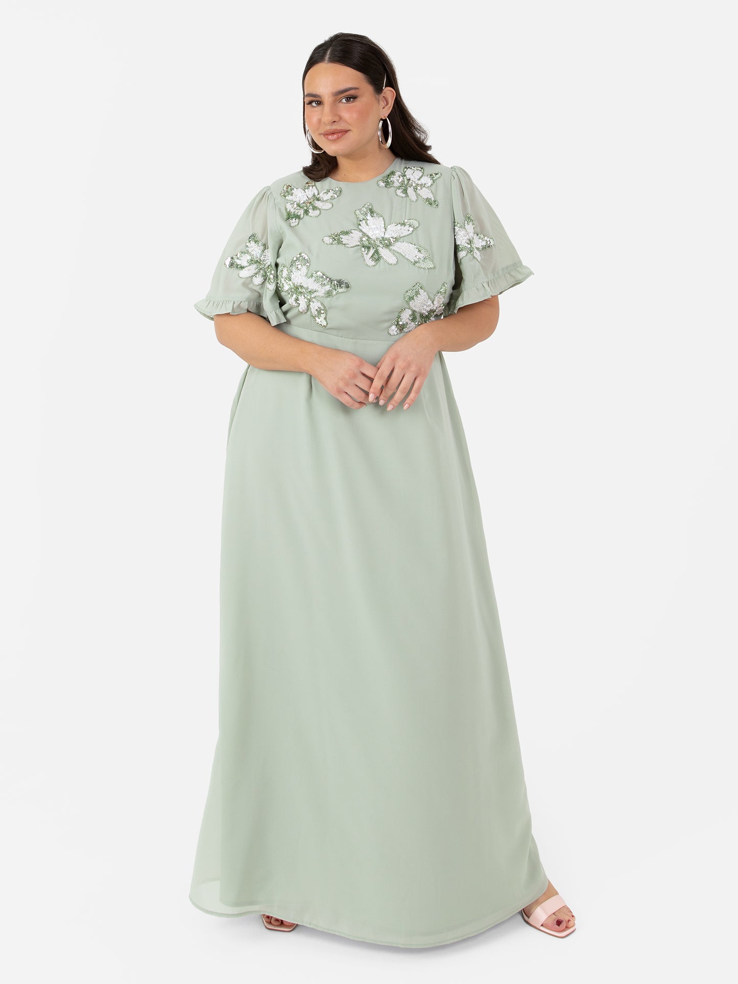 Maya Sage Green Floral Embellished Angel Sleeve Chiffon Maxi Dress