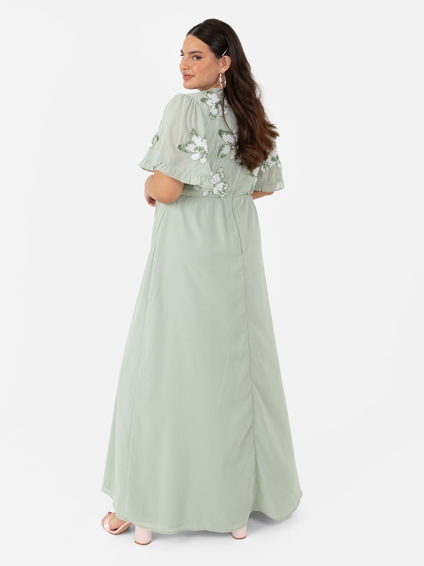 Maya Sage Green Floral Embellished Angel Sleeve Chiffon Maxi Dress