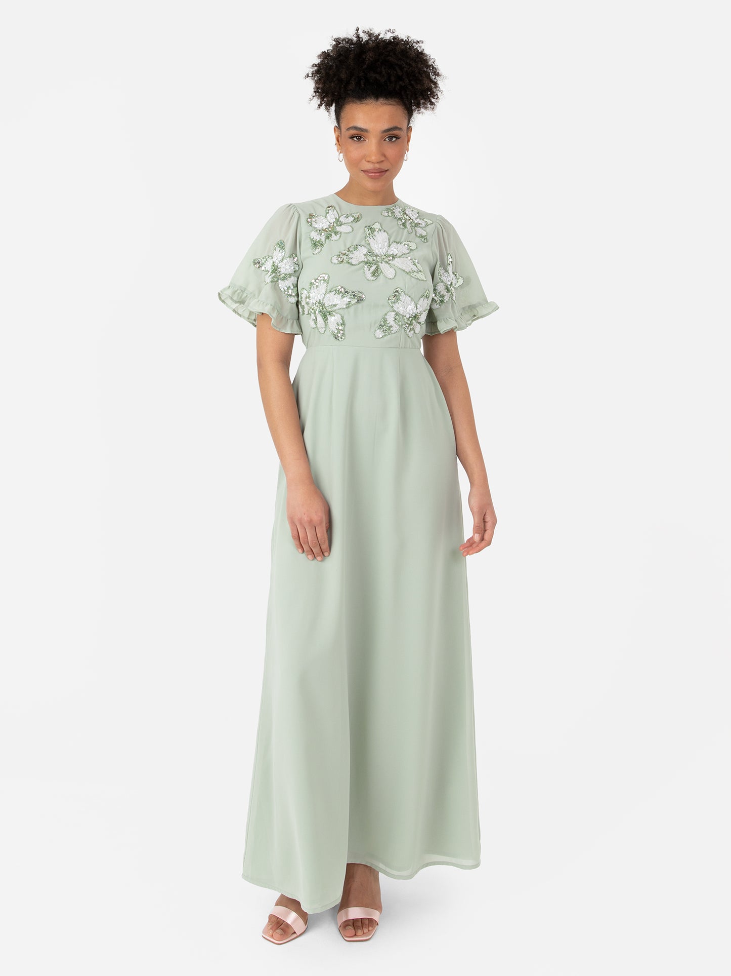 Maya Sage Green Floral Embellished Angel Sleeve Chiffon Maxi Dress