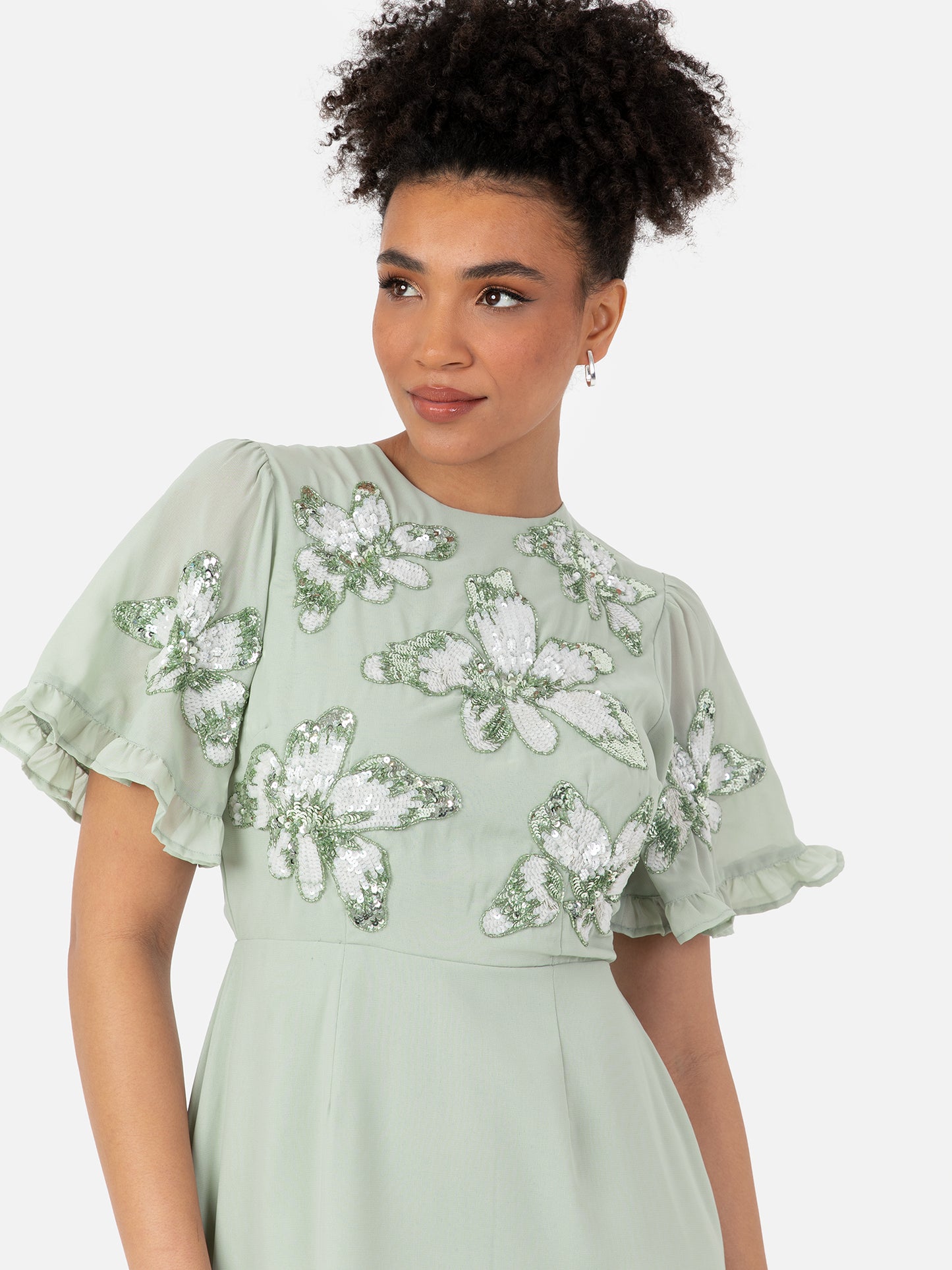 Maya Sage Green Floral Embellished Angel Sleeve Chiffon Maxi Dress