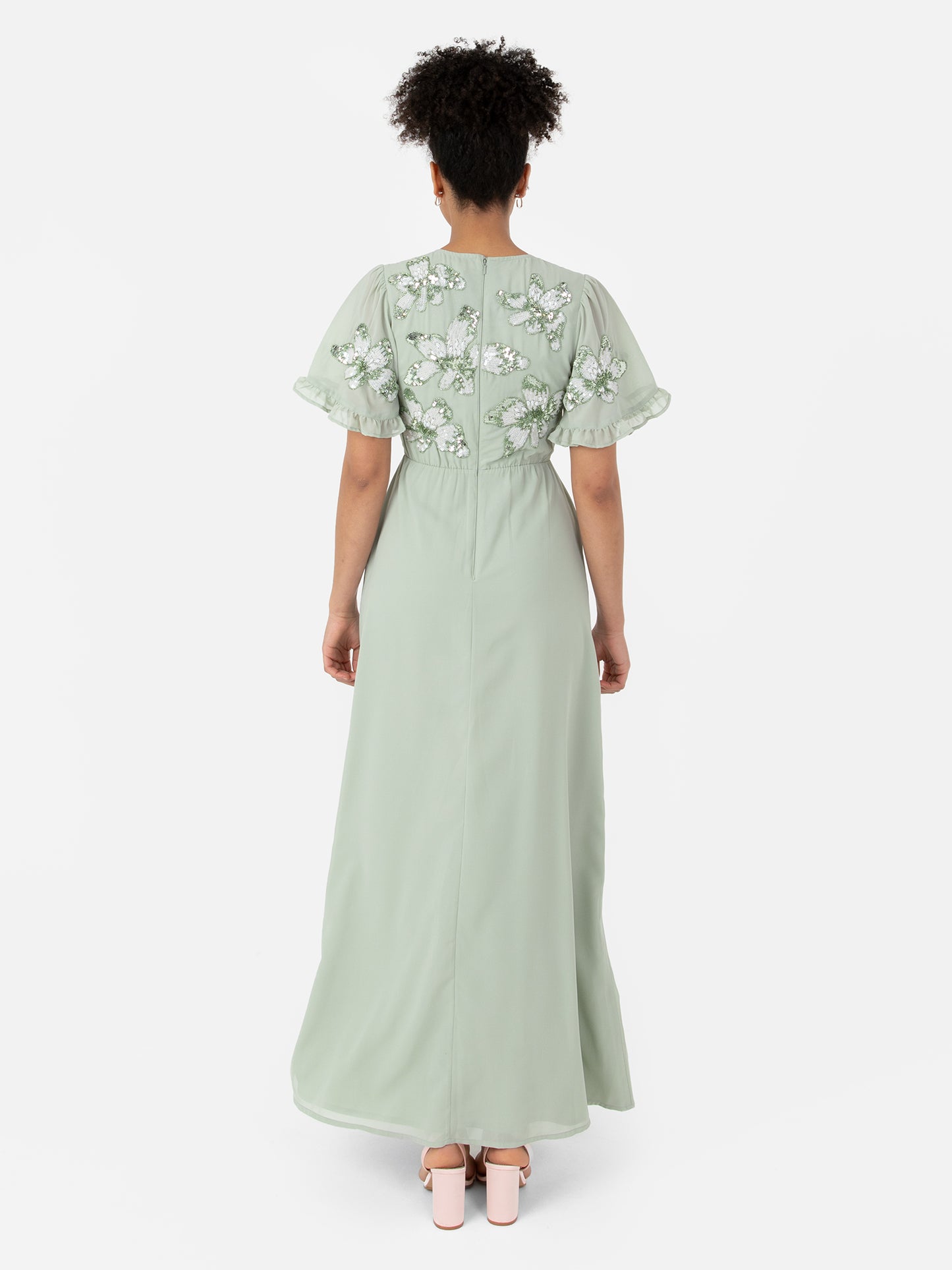 Maya Sage Green Floral Embellished Angel Sleeve Chiffon Maxi Dress