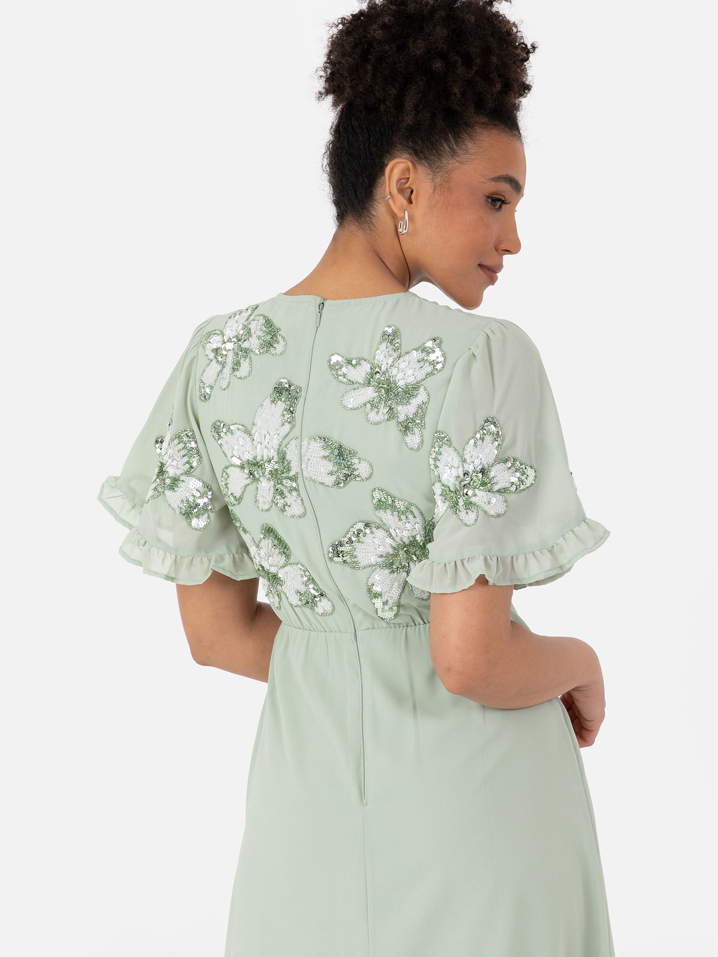 Maya Sage Green Floral Embellished Angel Sleeve Chiffon Maxi Dress