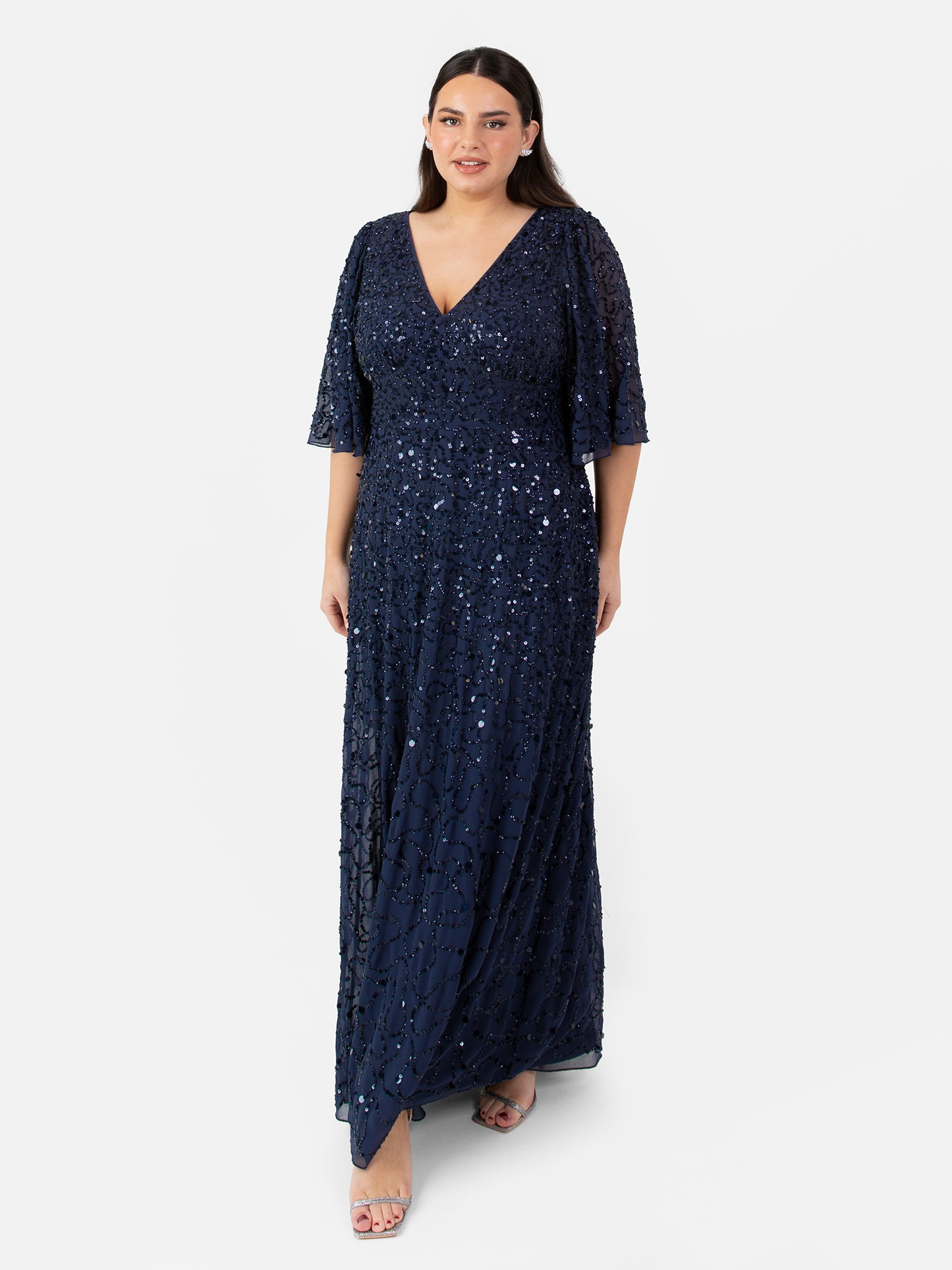 Maya Navy Fully Embellished Angel Sleeve Maxi Dress