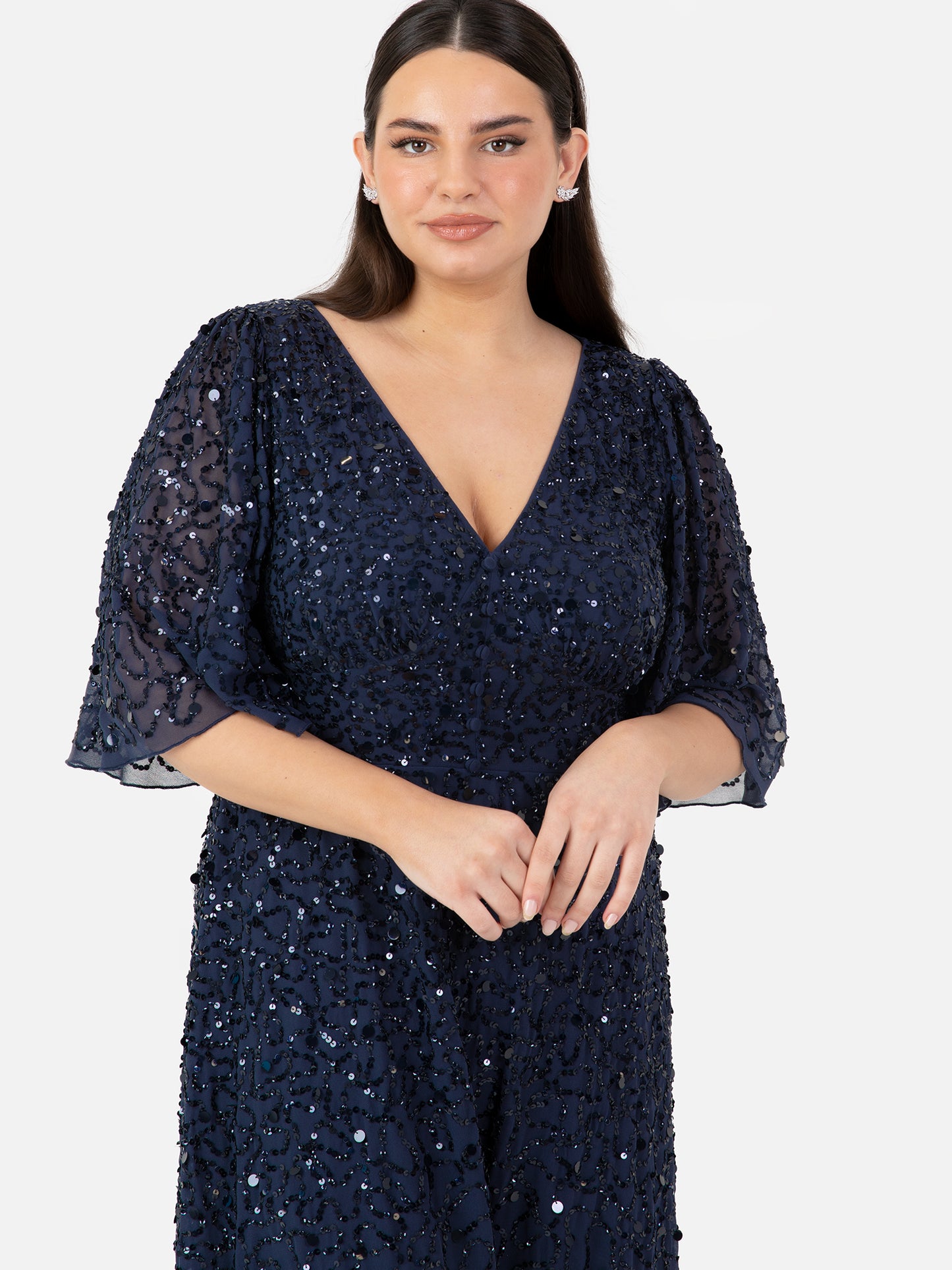 Maya Navy Fully Embellished Angel Sleeve Maxi Dress