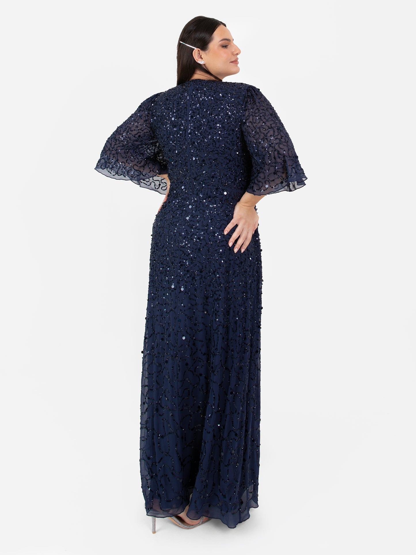 Maya Navy Fully Embellished Angel Sleeve Maxi Dress