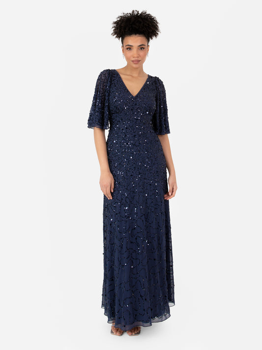 Maya Navy Fully Embellished Angel Sleeve Maxi Dress
