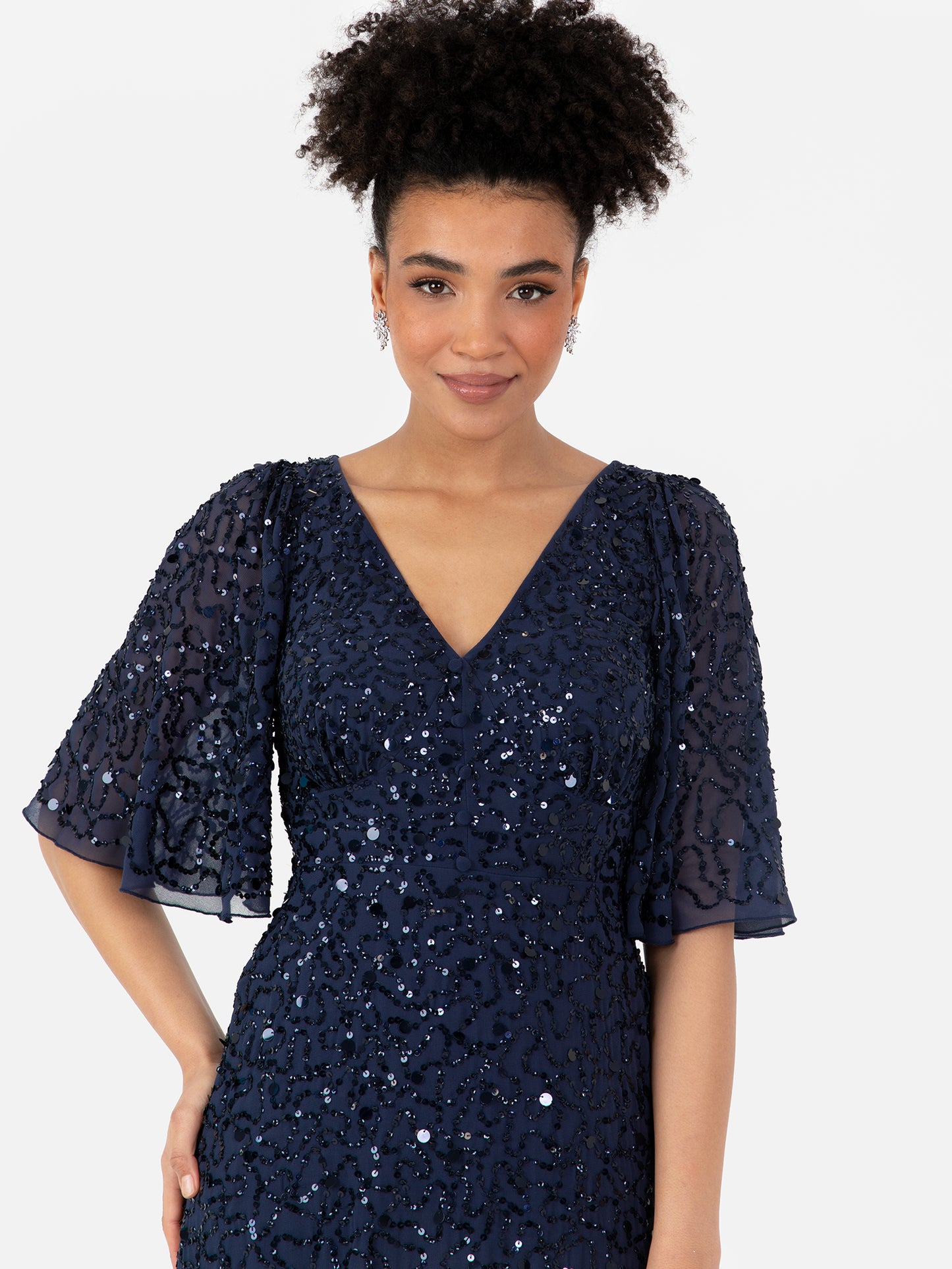 Maya Navy Fully Embellished Angel Sleeve Maxi Dress