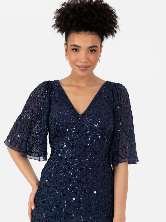 Maya Navy Fully Embellished Angel Sleeve Maxi Dress
