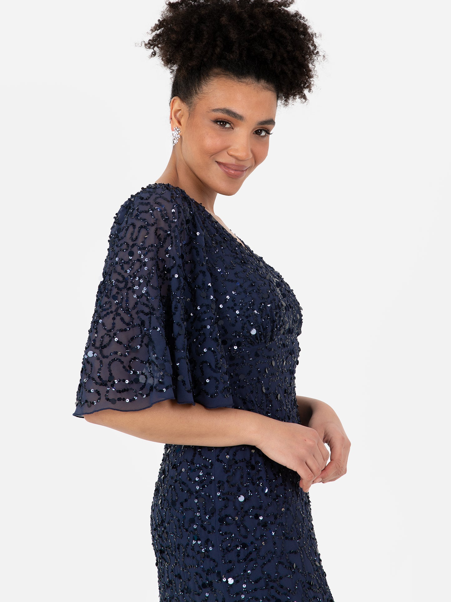 Maya Navy Fully Embellished Angel Sleeve Maxi Dress