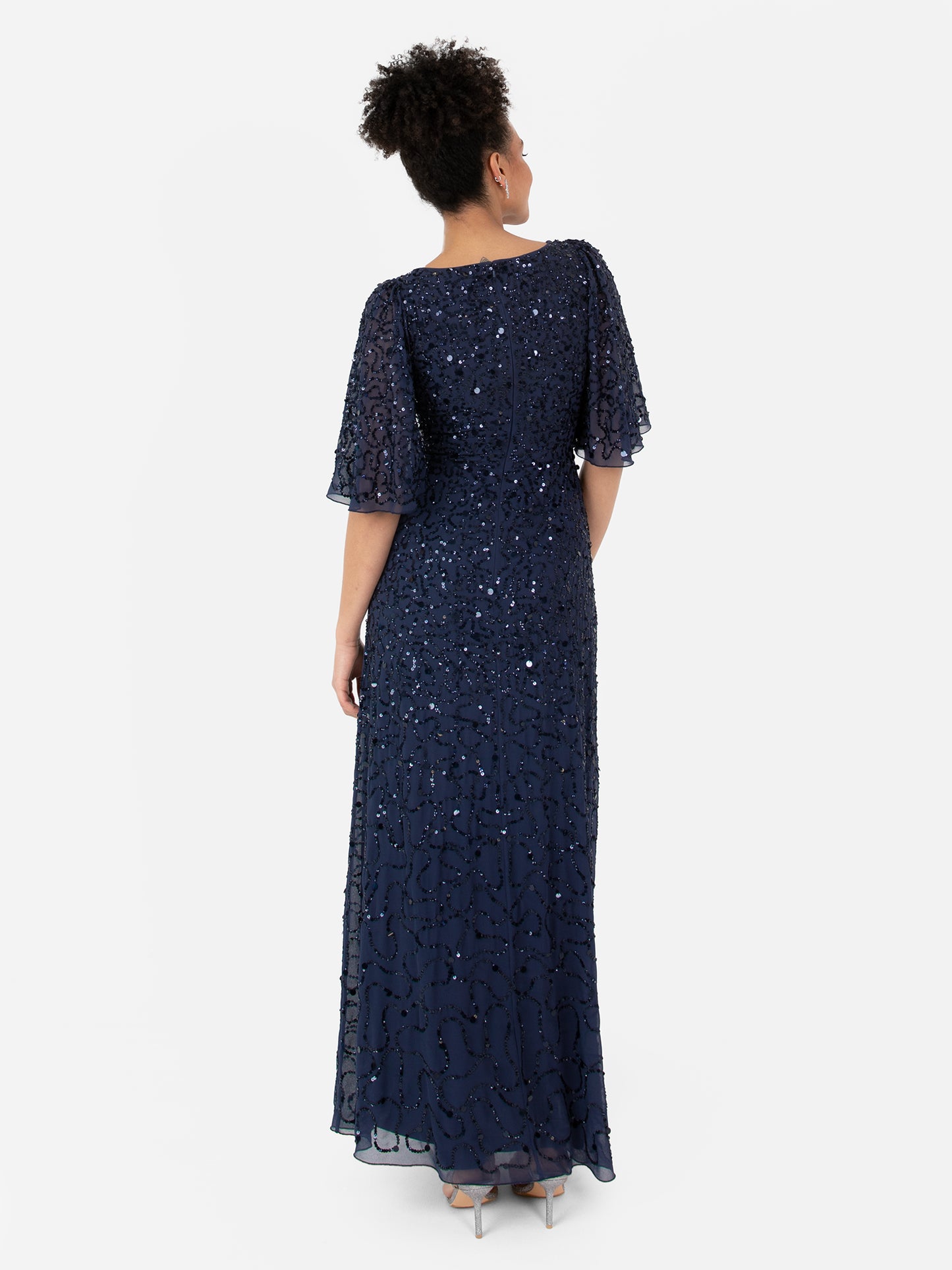 Maya Navy Fully Embellished Angel Sleeve Maxi Dress