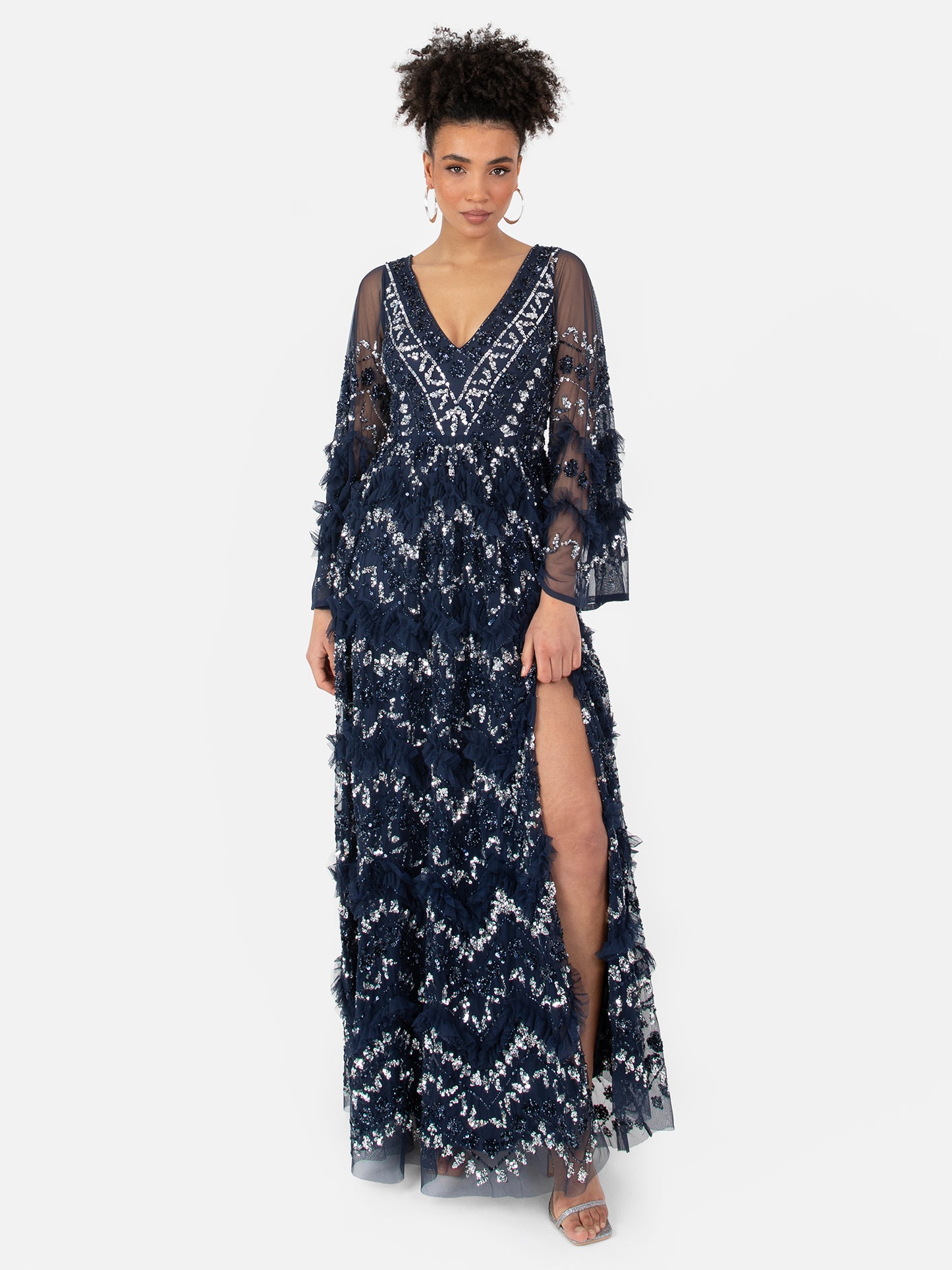 Maya Navy Fully Embellished Maxi Dress With Frill Detail