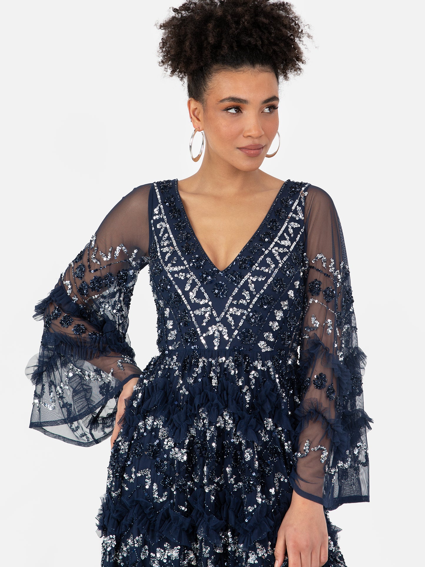 Maya Navy Fully Embellished Maxi Dress With Frill Detail