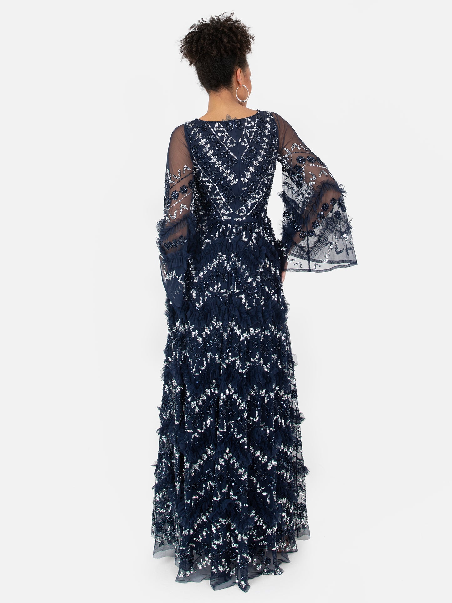 Maya Navy Fully Embellished Maxi Dress With Frill Detail