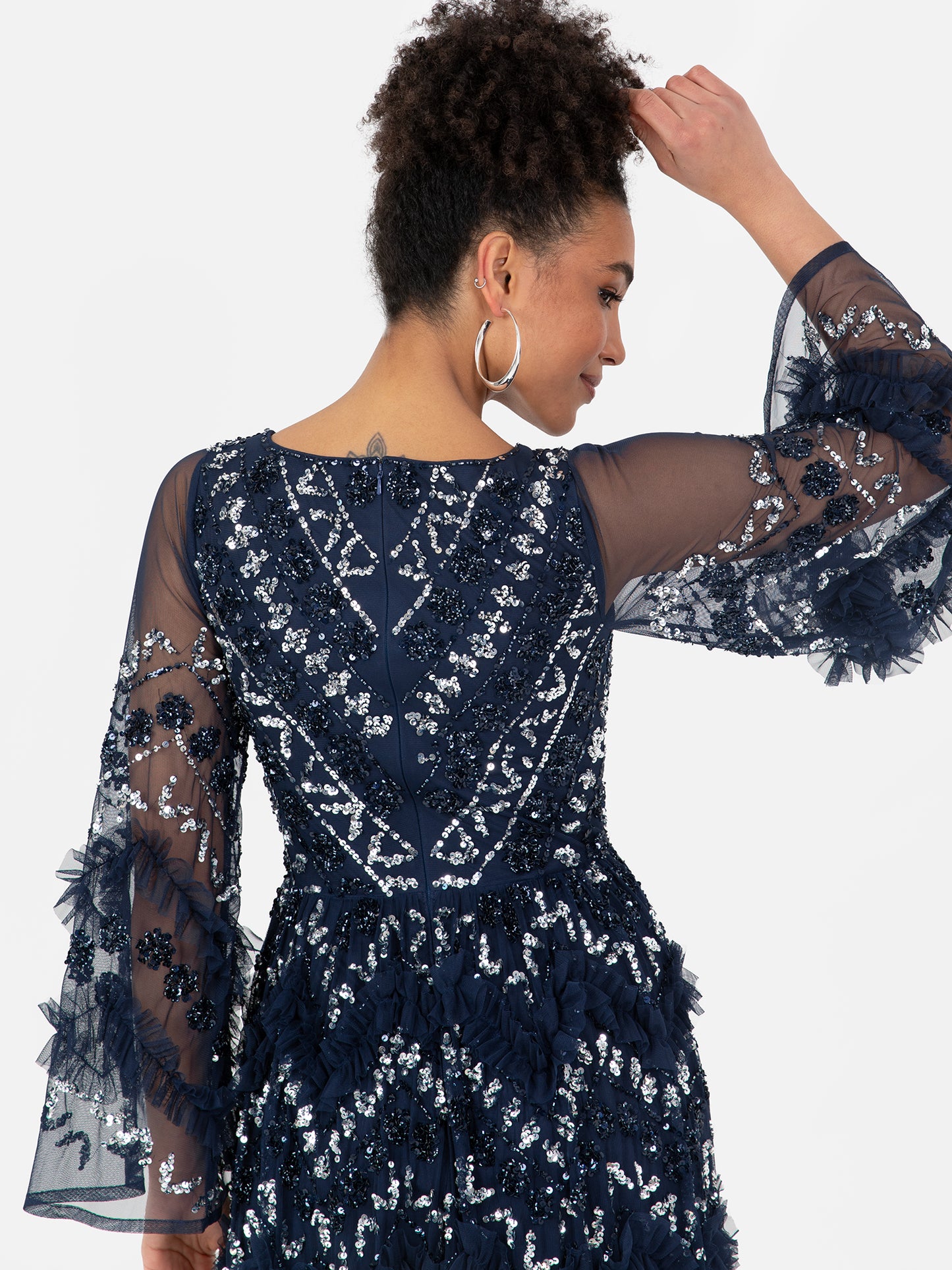 Maya Navy Fully Embellished Maxi Dress With Frill Detail