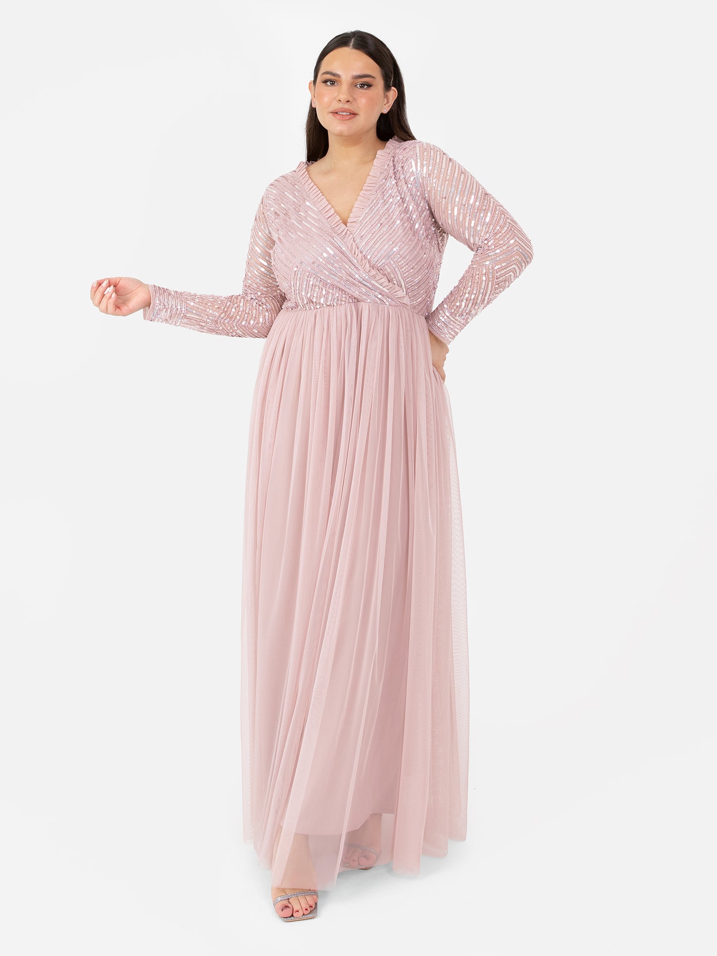 Maya Frosted Pink Stripe Embellished Faux Wrap Bodice Maxi Dress