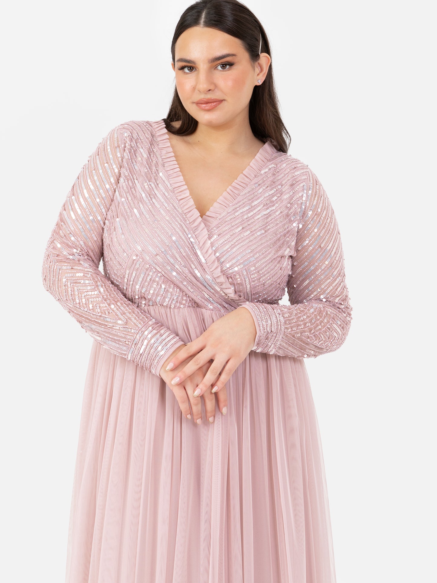 Maya Frosted Pink Stripe Embellished Faux Wrap Bodice Maxi Dress