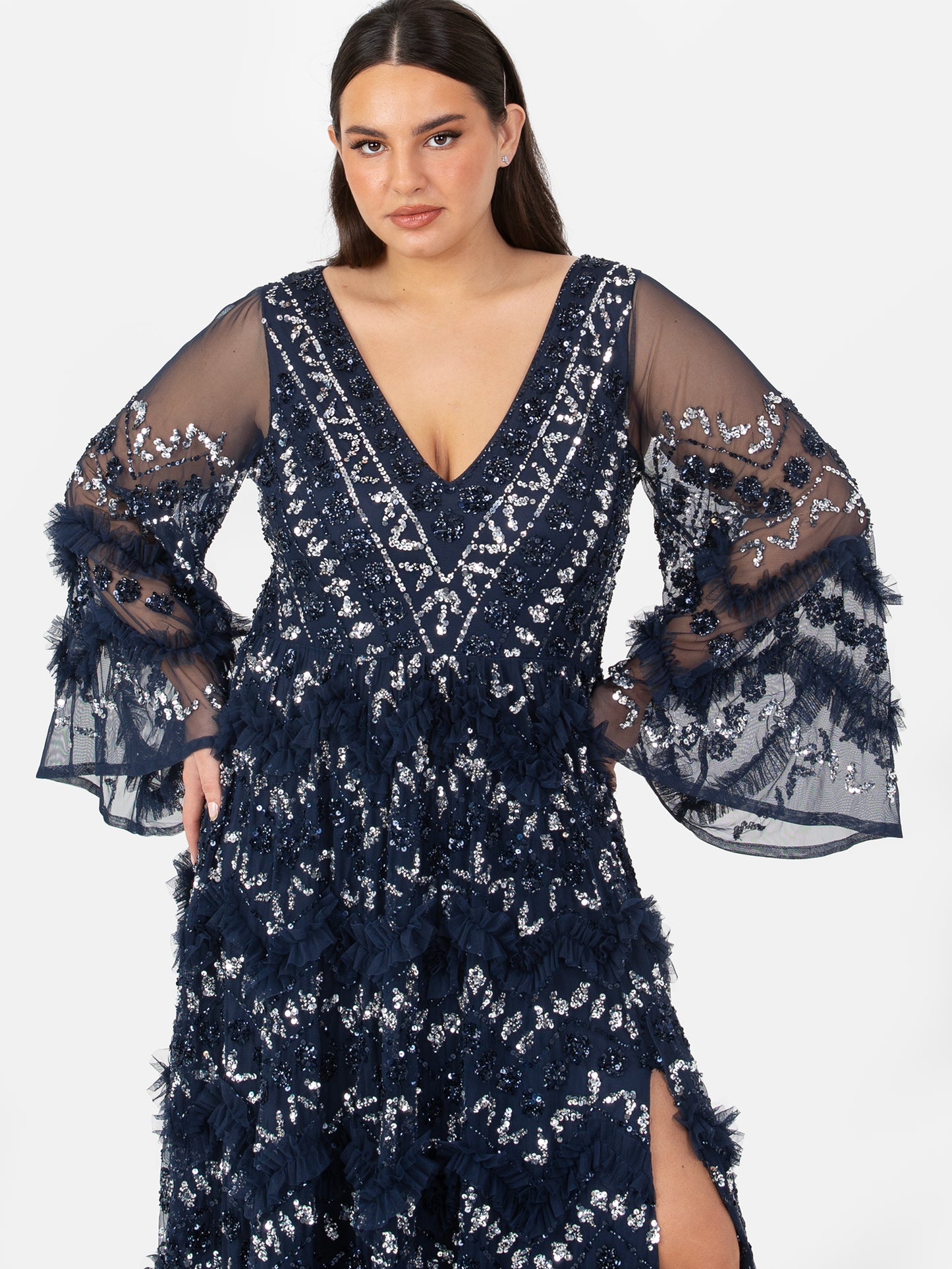 Maya Navy Fully Embellished Maxi Dress With Frill Detail