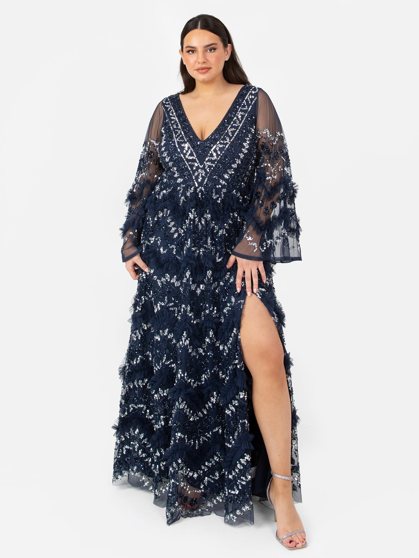 Maya Navy Fully Embellished Maxi Dress With Frill Detail