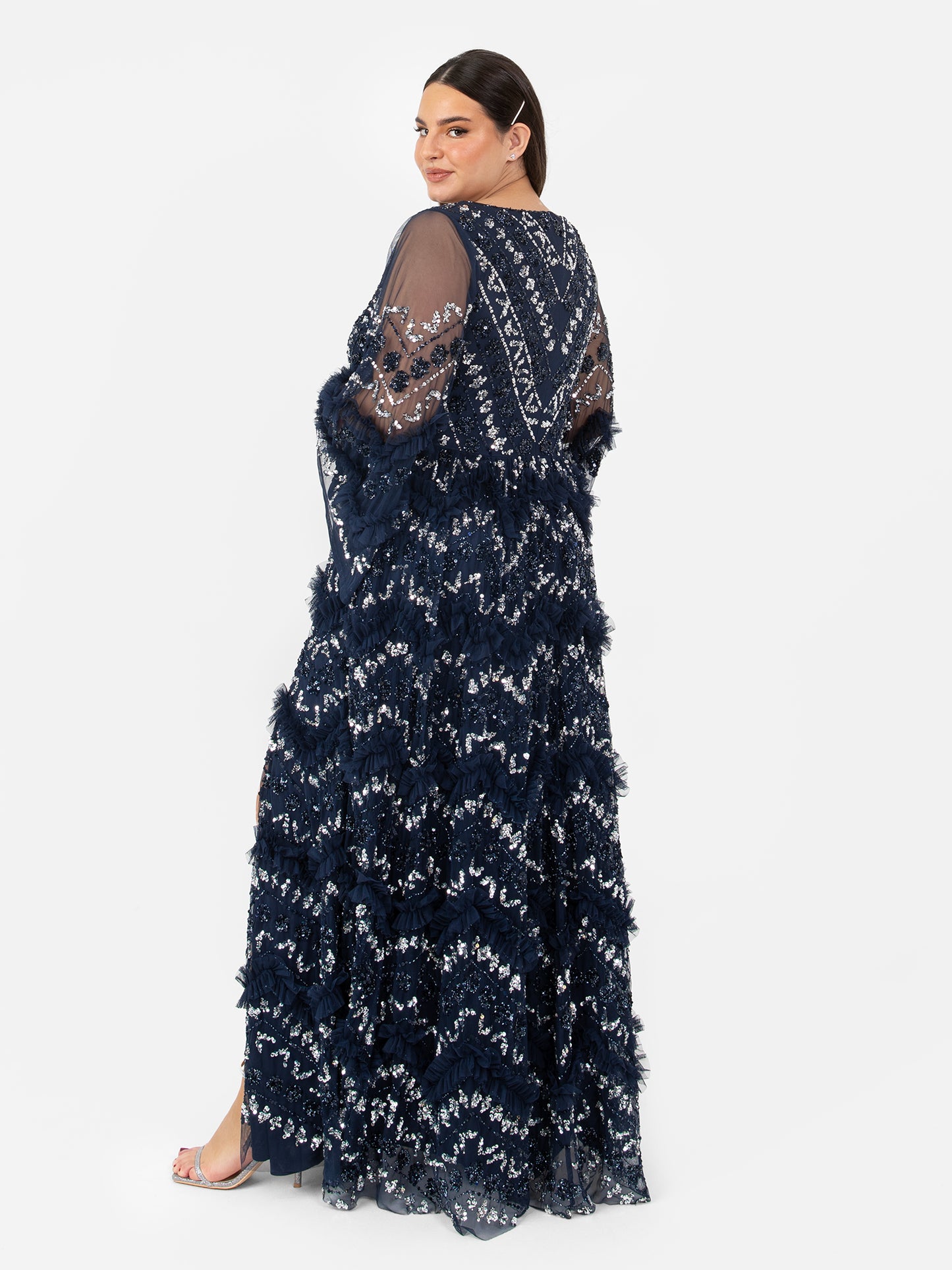 Maya Navy Fully Embellished Maxi Dress With Frill Detail
