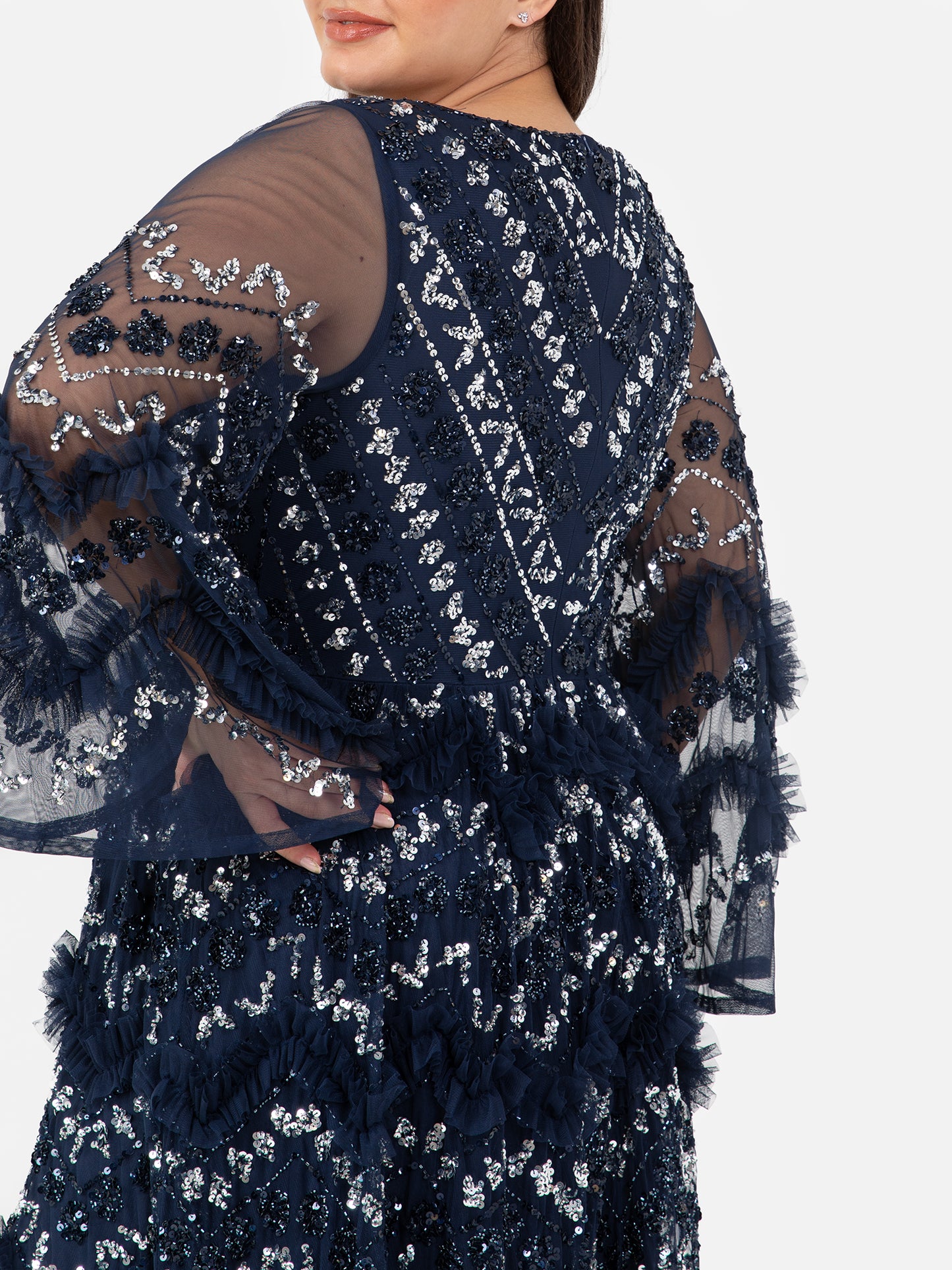 Maya Navy Fully Embellished Maxi Dress With Frill Detail