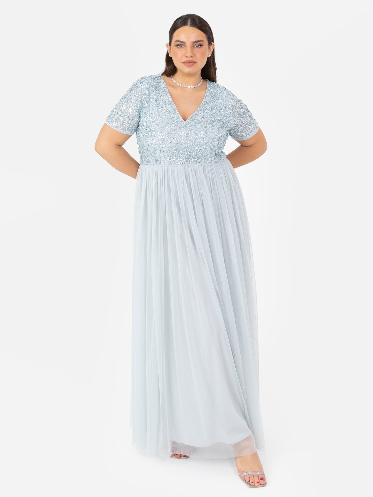Maya Pale Blue V Neckline Embellished Maxi Dress