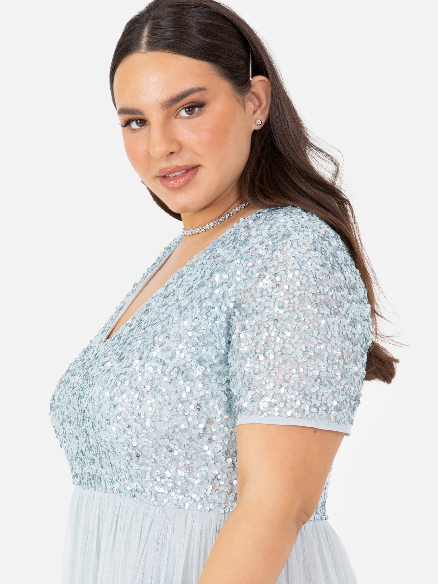 Maya Pale Blue V Neckline Embellished Maxi Dress